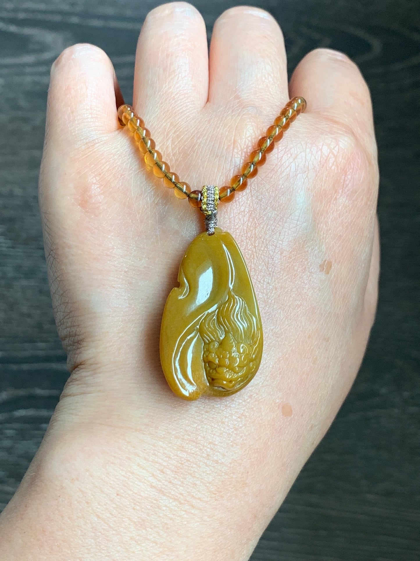 Certified Natural Grade A Guatemalan Icy Rich Yellow Jade Jadeite Carved Pixiu Pendant Beaded Necklace 22” 18g 天然冰危鸡油黄翡翠貔貅吊坠 1162