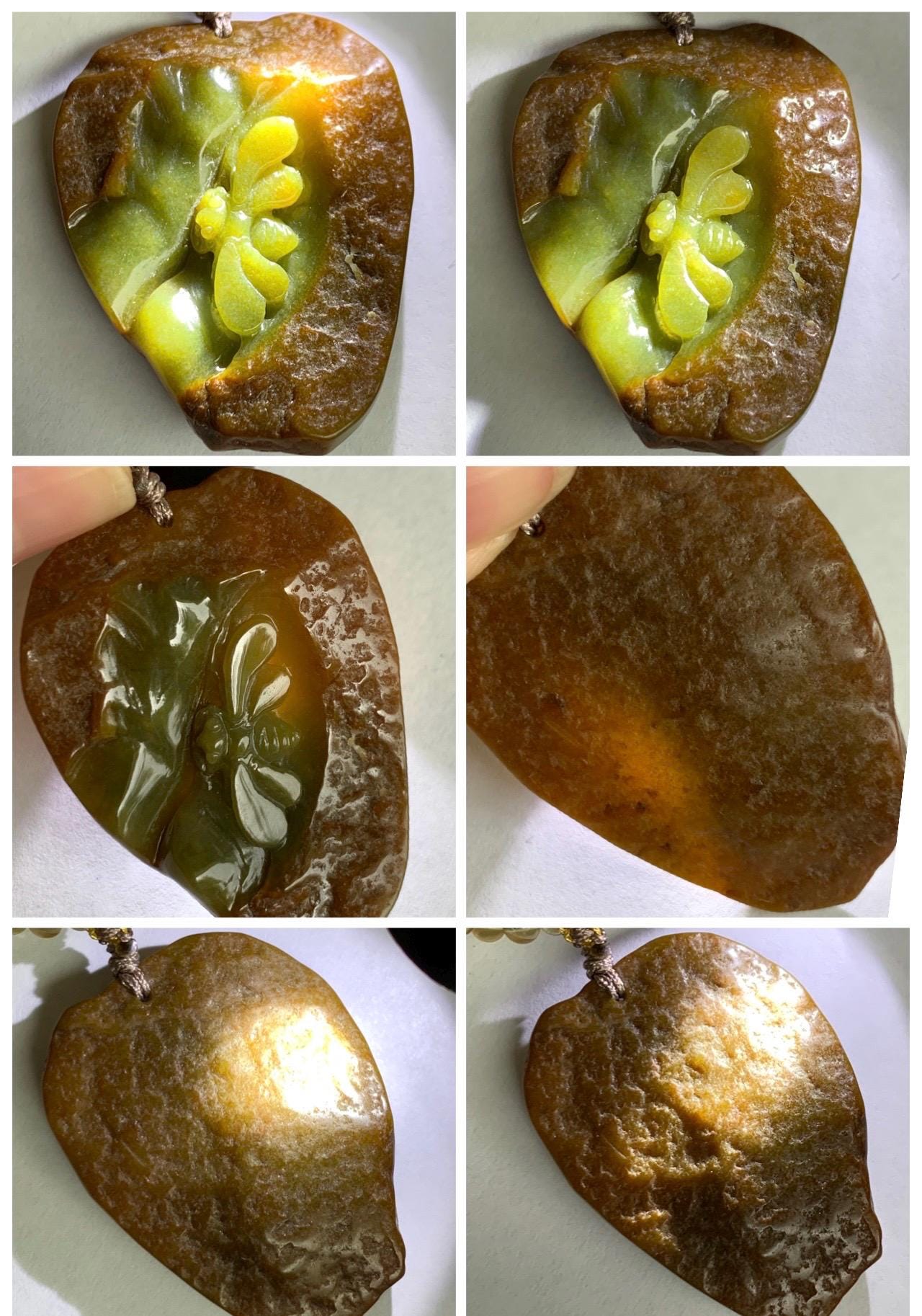 Natural Grade A Guatemalan Dark Yellow Jade Jadeite w/ Rind Carved Honey Bee Pendant Beaded Necklace 22” 24g 天然冰危黄翡翠皮壳料蜜蜂吊坠蓝珀项链 WPKM110