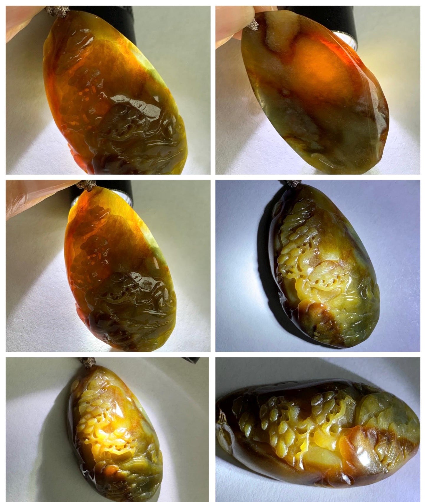 Natural Grade A Icy Dark Dusty Yellow Brown Marbled Jade Jadeite Carved Shan Shui Pendant Beaded Necklace 22” 21g 天然冰黄飘红翡翠山水吊坠蓝珀项链 MSS165