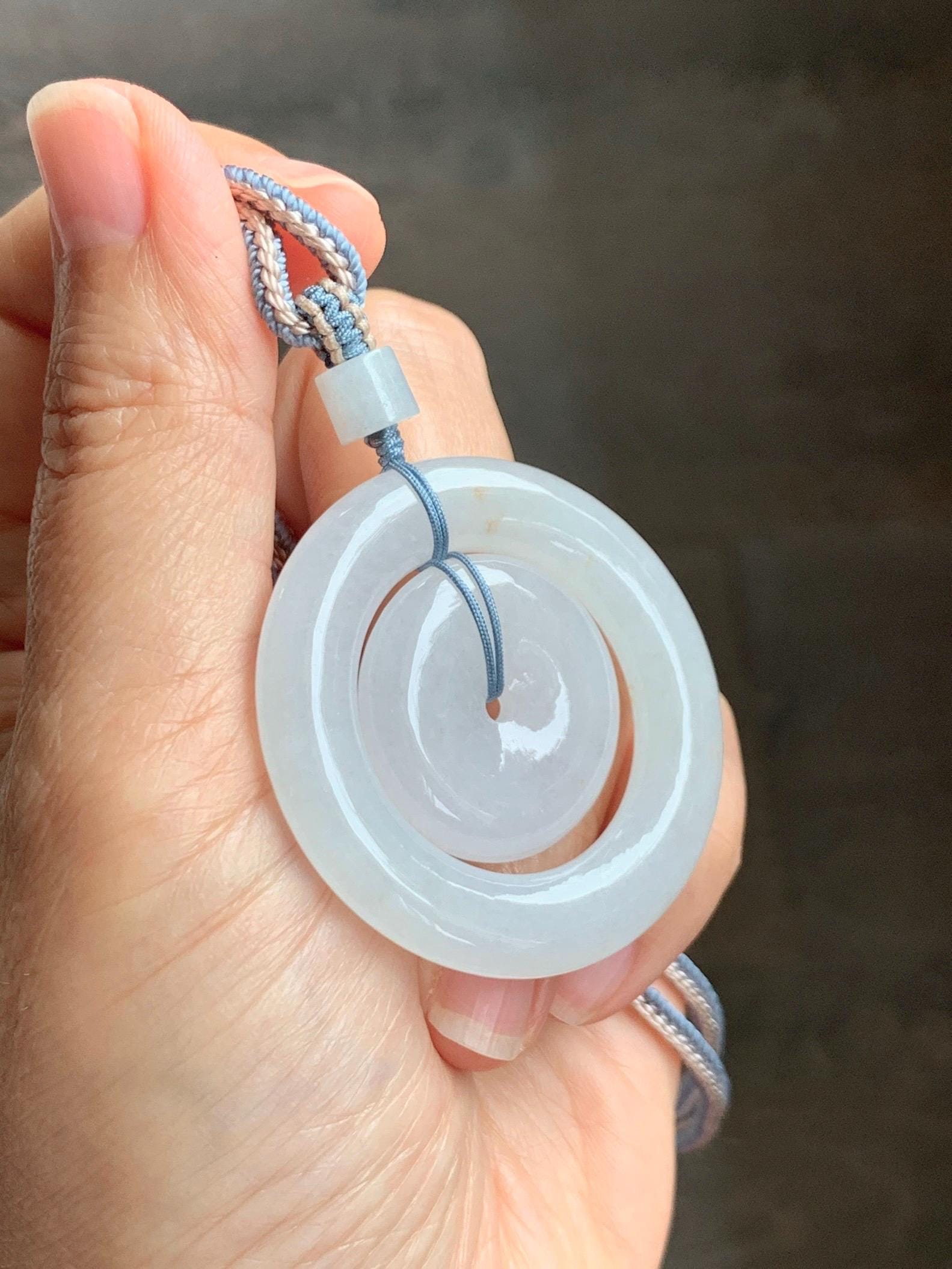 Natural Grade A Icy Translucent White Jade Jadeite Mother-and-Child Ping An Kou Donut Pendant Rope Necklace 27” 22g 天然白冰胶撒金翡翠子母扣吊坠 MBZ220