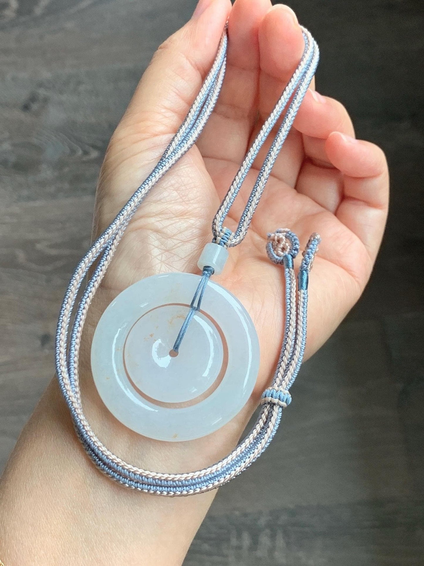 Natural Grade A Icy Translucent White Jade Jadeite Mother-and-Child Ping An Kou Donut Pendant Rope Necklace 27” 22g 天然白冰胶撒金翡翠子母扣吊坠 MBZ220