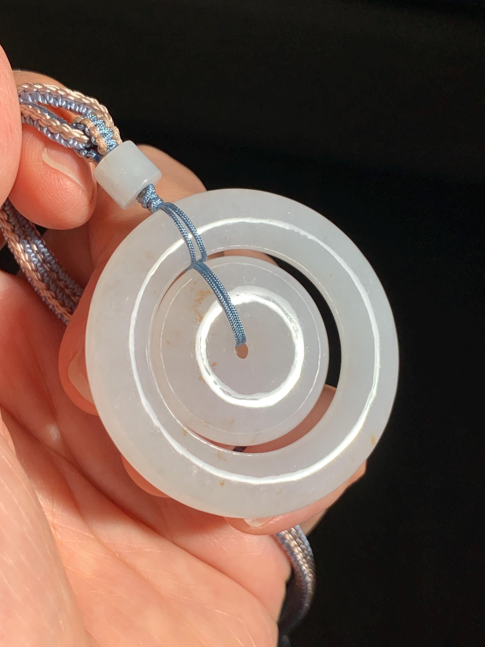 Natural Grade A Icy Translucent White Jade Jadeite Mother-and-Child Ping An Kou Donut Pendant Rope Necklace 27” 22g 天然白冰胶撒金翡翠子母扣吊坠 MBZ220