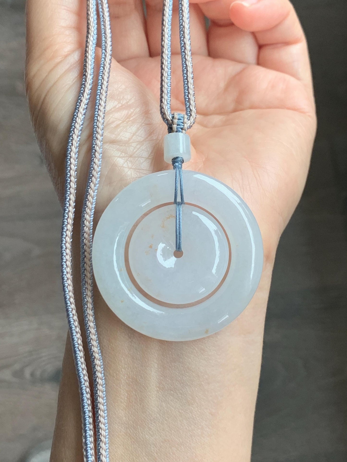 Natural Grade A Icy Translucent White Jade Jadeite Mother-and-Child Ping An Kou Donut Pendant Rope Necklace 27” 22g 天然白冰胶撒金翡翠子母扣吊坠 MBZ220