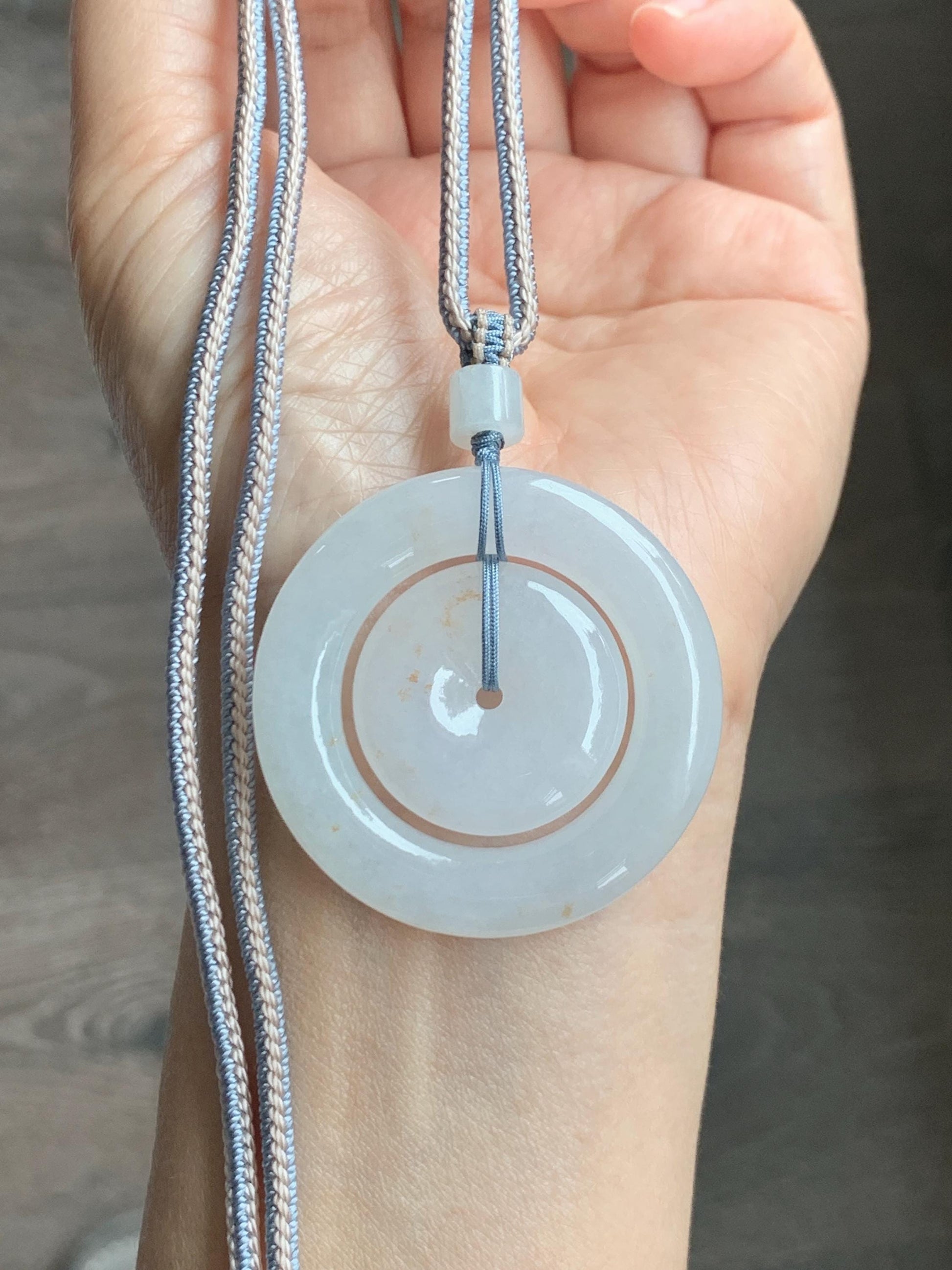 Natural Grade A Icy Translucent White Jade Jadeite Mother-and-Child Ping An Kou Donut Pendant Rope Necklace 27” 22g 天然白冰胶撒金翡翠子母扣吊坠 MBZ220