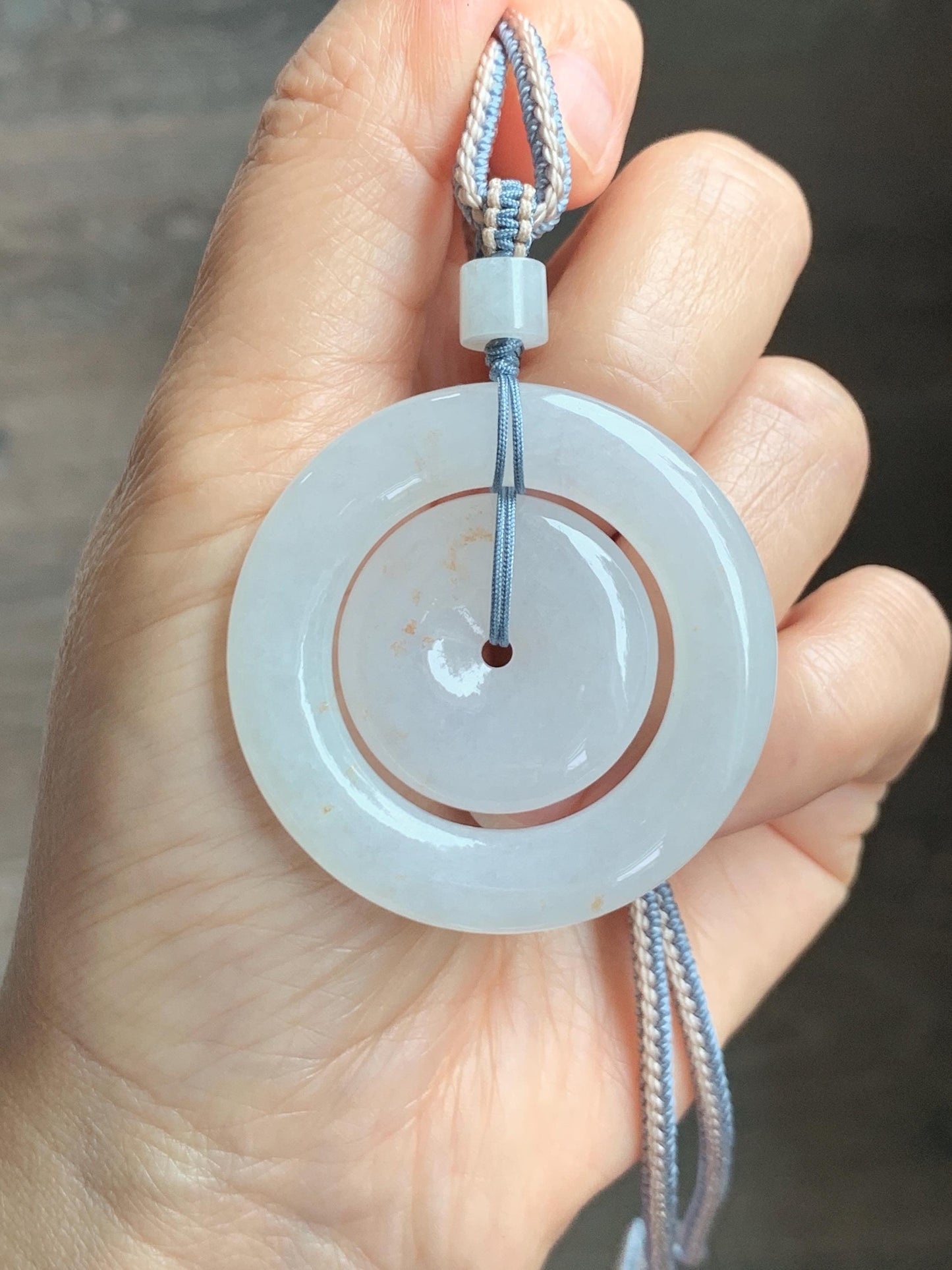 Natural Grade A Icy Translucent White Jade Jadeite Mother-and-Child Ping An Kou Donut Pendant Rope Necklace 27” 22g 天然白冰胶撒金翡翠子母扣吊坠 MBZ220
