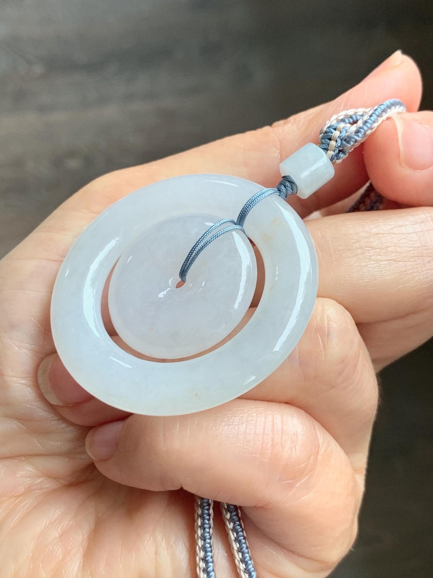 Natural Grade A Icy Translucent White Jade Jadeite Mother-and-Child Ping An Kou Donut Pendant Rope Necklace 27” 22g 天然白冰胶撒金翡翠子母扣吊坠 MBZ220