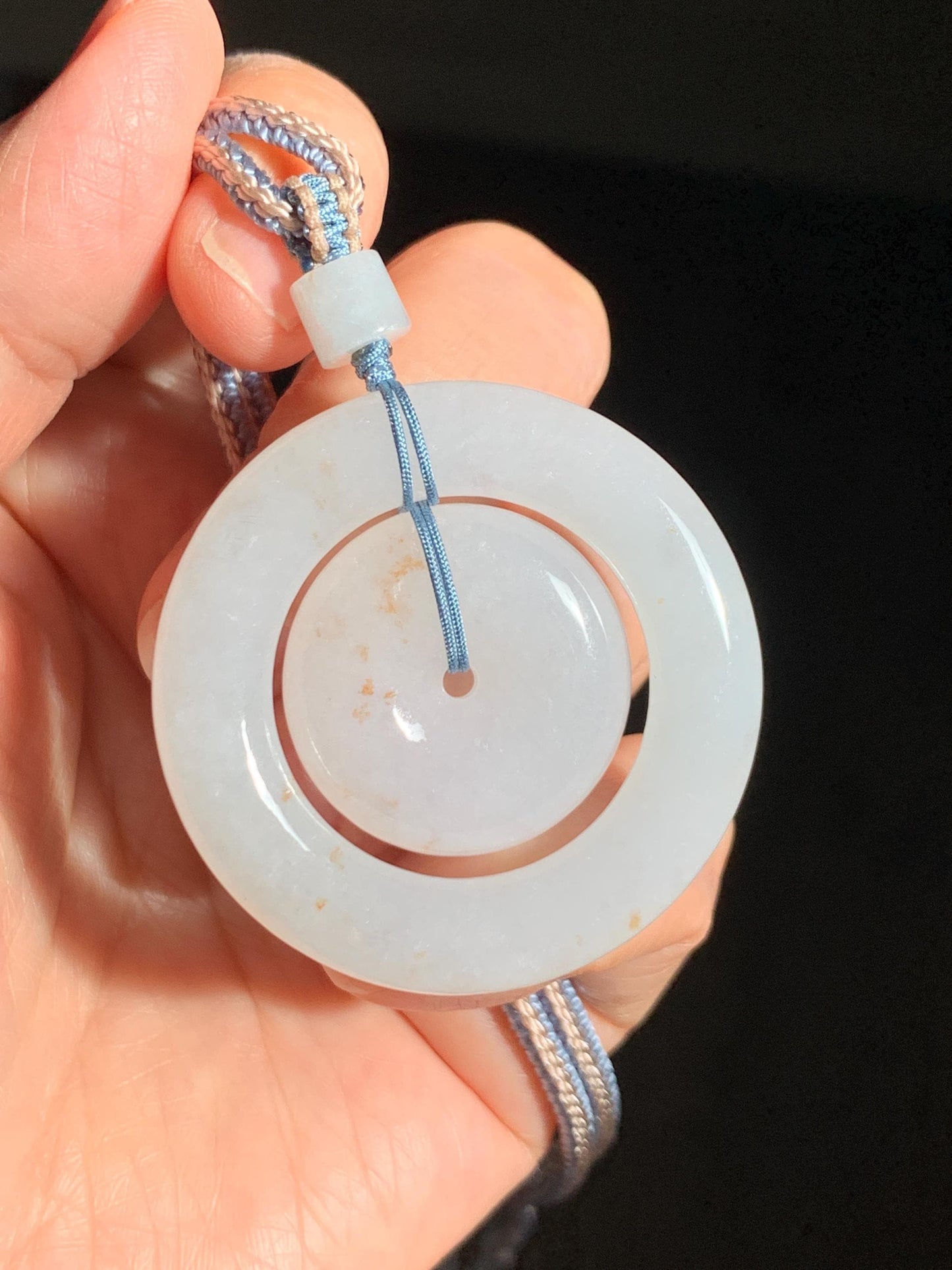 Natural Grade A Icy Translucent White Jade Jadeite Mother-and-Child Ping An Kou Donut Pendant Rope Necklace 27” 22g 天然白冰胶撒金翡翠子母扣吊坠 MBZ220