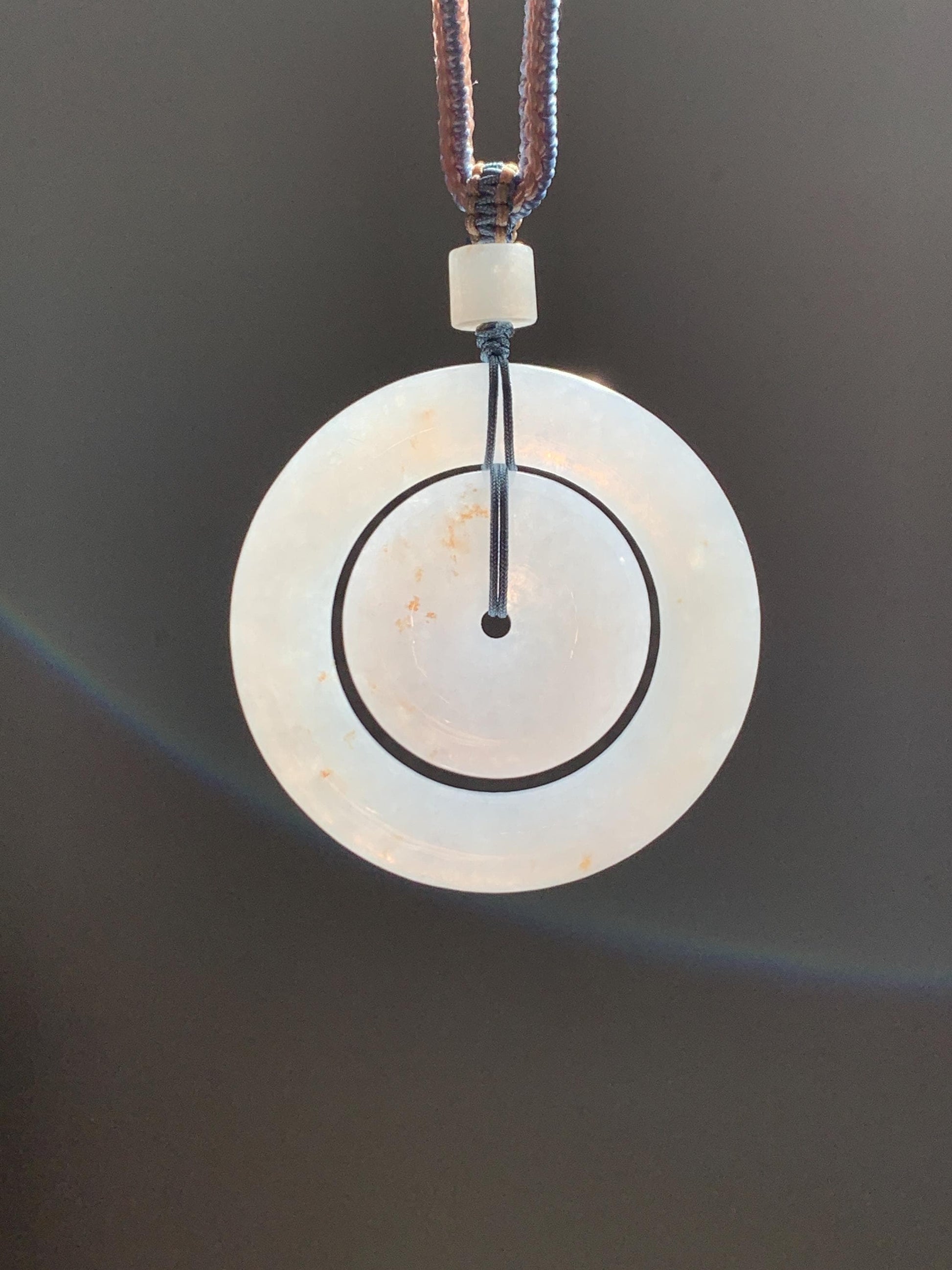 Natural Grade A Icy Translucent White Jade Jadeite Mother-and-Child Ping An Kou Donut Pendant Rope Necklace 27” 22g 天然白冰胶撒金翡翠子母扣吊坠 MBZ220
