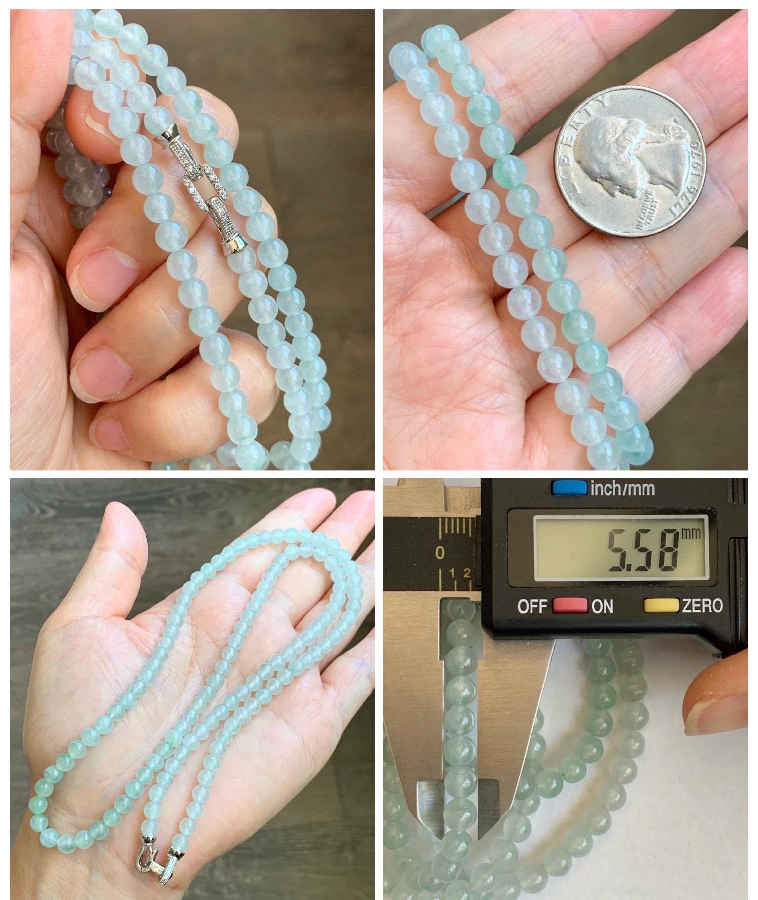 Grade A Natural Icy Highly Translucent White & Pastel Green Jade Jadeite Round Beads Beaded Necklace 5.5mm 23.5” 32g 天然冰晴底起光翡翠圆珠项链 MDQ660