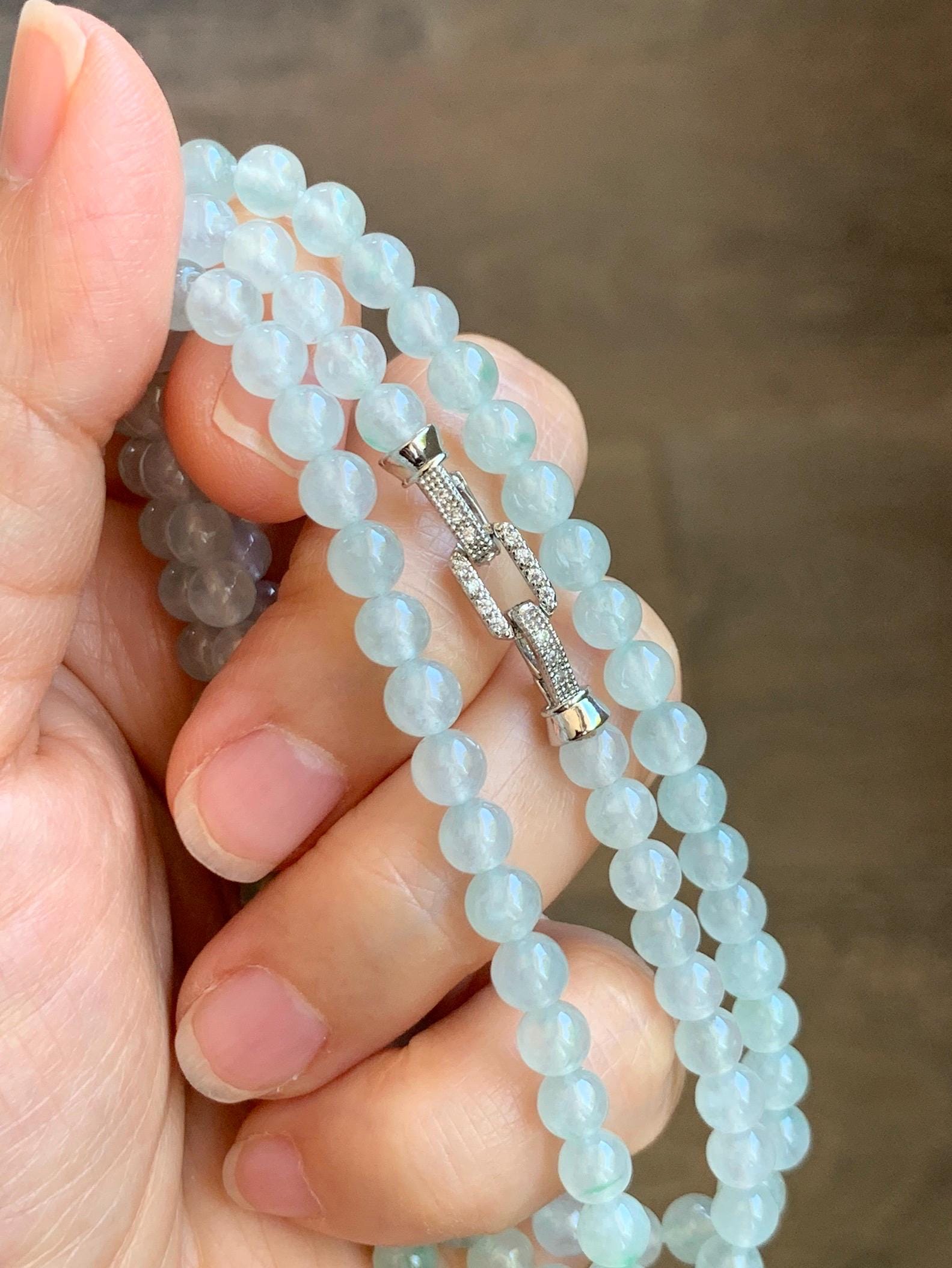 Grade A Natural Icy Highly Translucent White & Pastel Green Jade Jadeite Round Beads Beaded Necklace 5.5mm 23.5” 32g 天然冰晴底起光翡翠圆珠项链 MDQ660