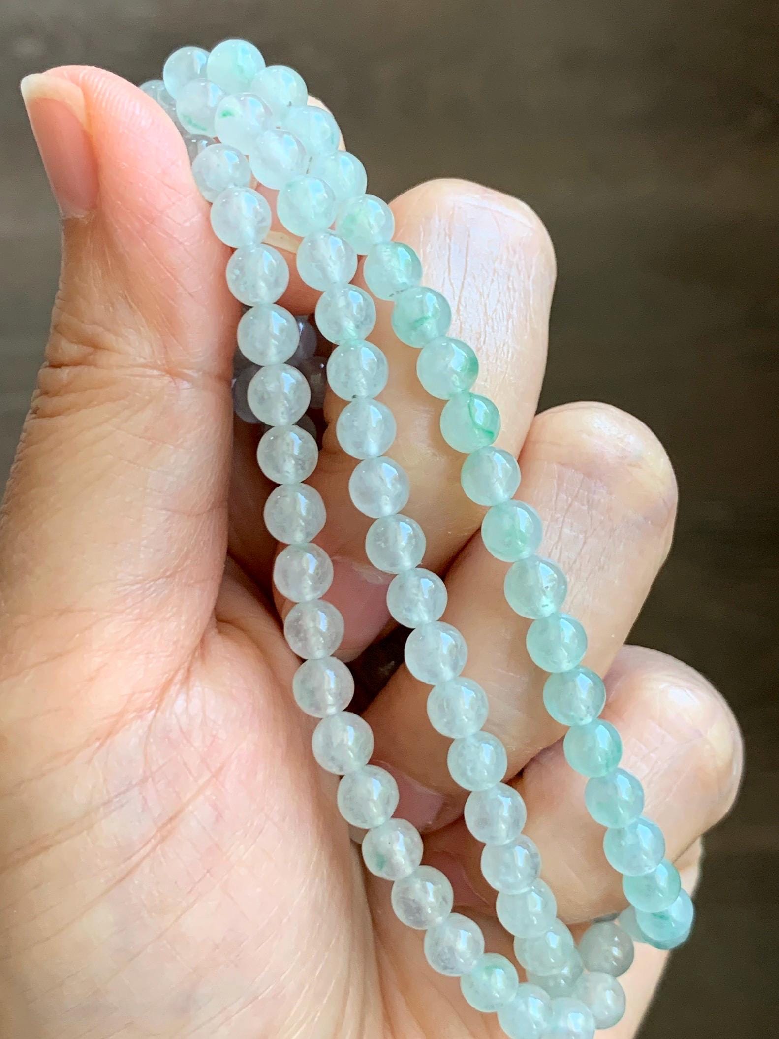 Grade A Natural Icy Highly Translucent White & Pastel Green Jade Jadeite Round Beads Beaded Necklace 5.5mm 23.5” 32g 天然冰晴底起光翡翠圆珠项链 MDQ660