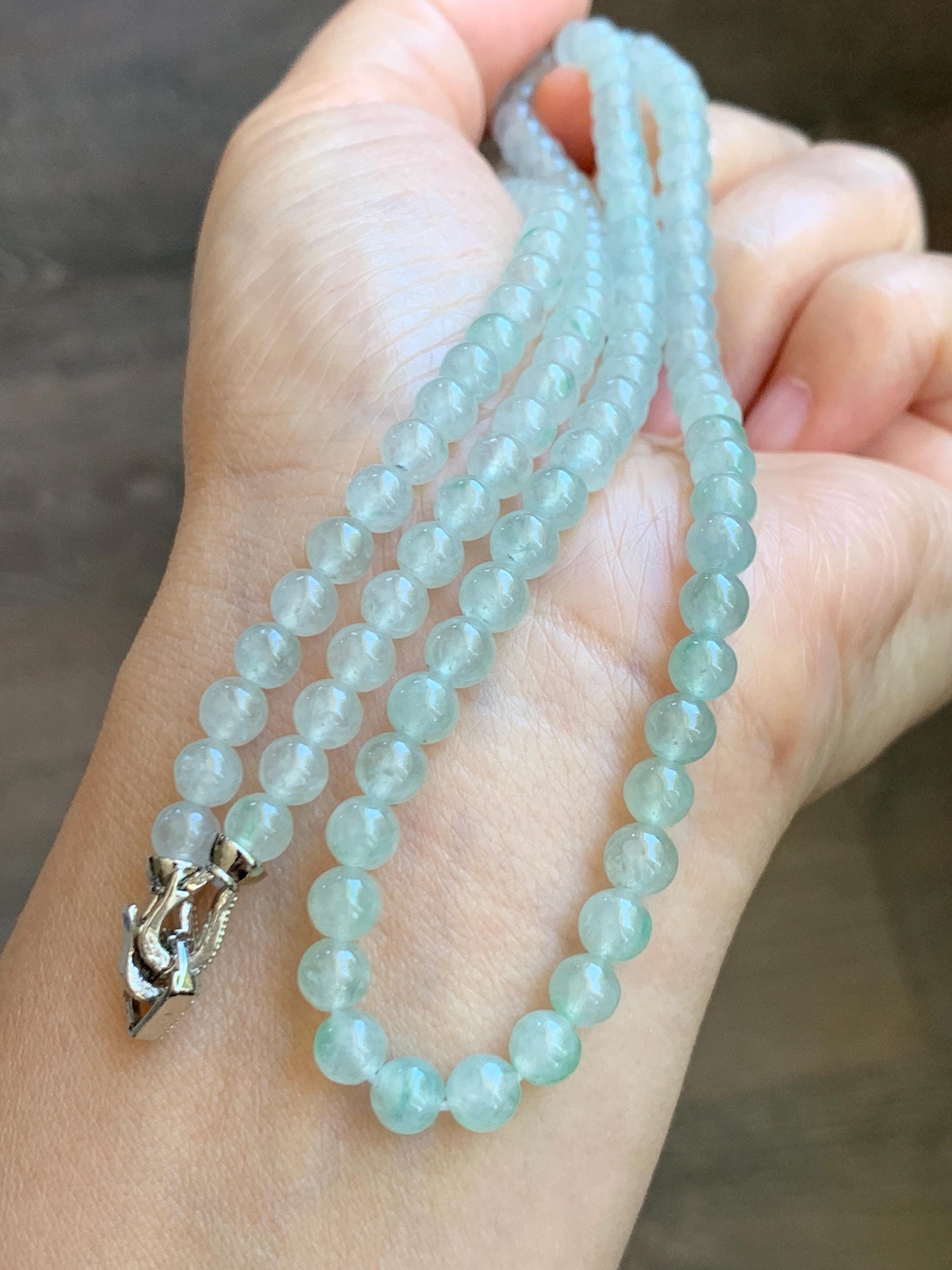 Grade A Natural Icy Highly Translucent White & Pastel Green Jade Jadeite Round Beads Beaded Necklace 5.5mm 23.5” 32g 天然冰晴底起光翡翠圆珠项链 MDQ660