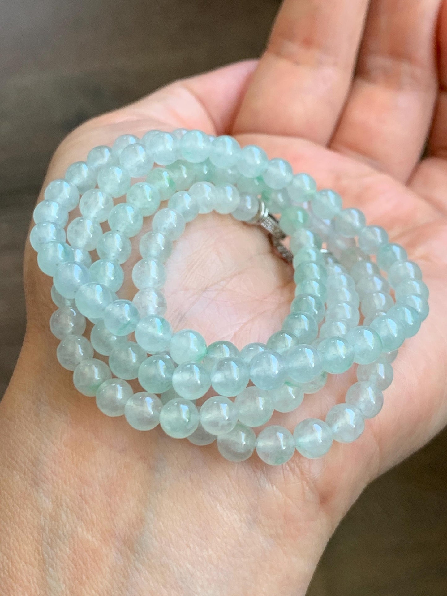 Grade A Natural Icy Highly Translucent White & Pastel Green Jade Jadeite Round Beads Beaded Necklace 5.5mm 23.5” 32g 天然冰晴底起光翡翠圆珠项链 MDQ660