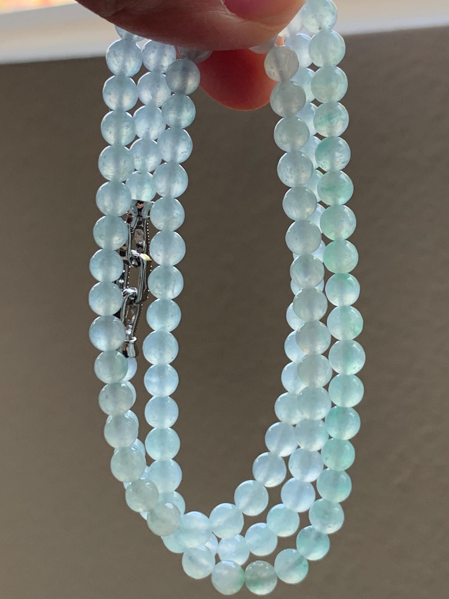 Grade A Natural Icy Highly Translucent White & Pastel Green Jade Jadeite Round Beads Beaded Necklace 5.5mm 23.5” 32g 天然冰晴底起光翡翠圆珠项链 MDQ660