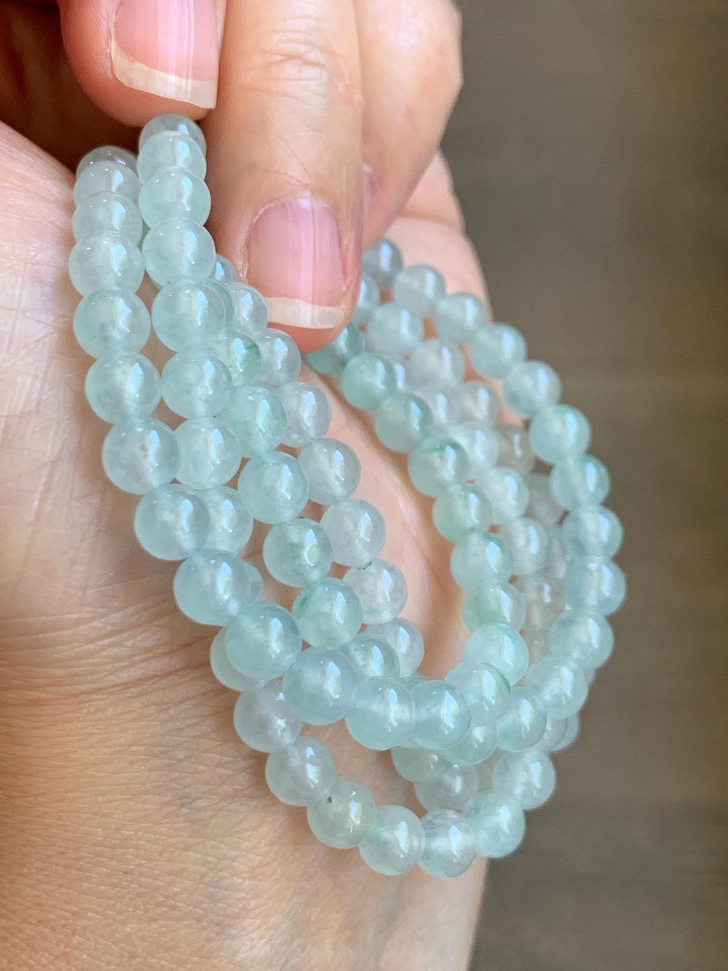 Grade A Natural Icy Highly Translucent White & Pastel Green Jade Jadeite Round Beads Beaded Necklace 5.5mm 23.5” 32g 天然冰晴底起光翡翠圆珠项链 MDQ660