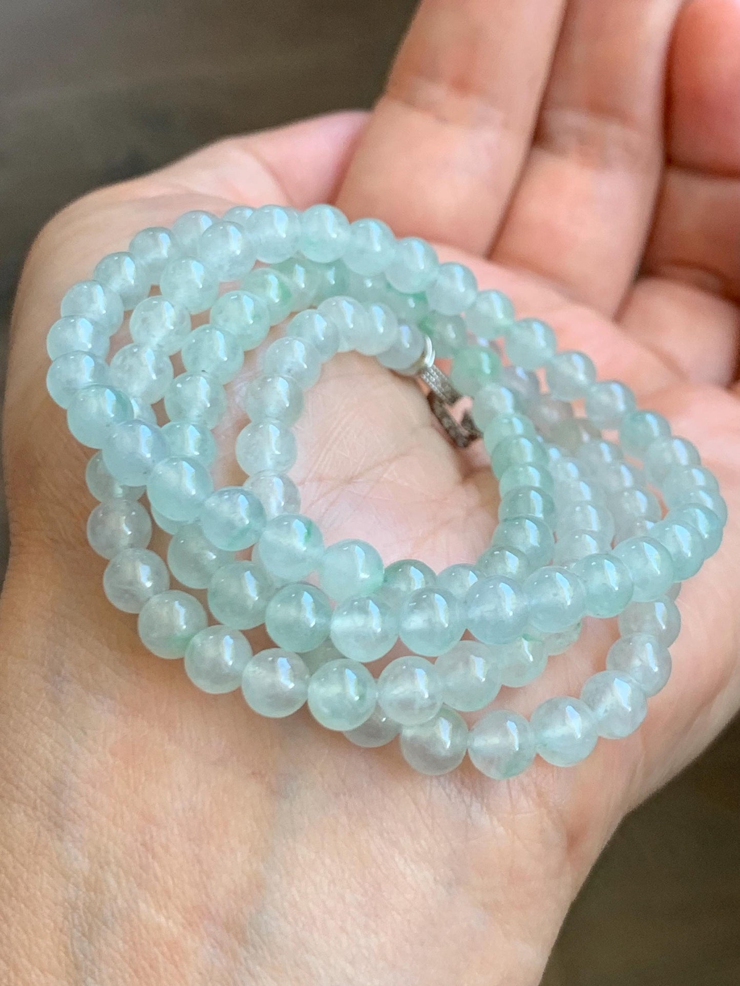 Grade A Natural Icy Highly Translucent White & Pastel Green Jade Jadeite Round Beads Beaded Necklace 5.5mm 23.5” 32g 天然冰晴底起光翡翠圆珠项链 MDQ660