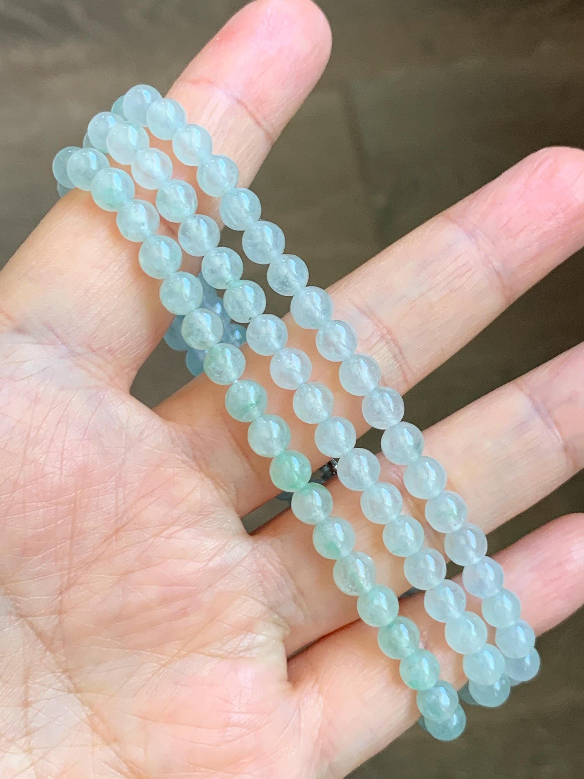 Grade A Natural Icy Highly Translucent White & Pastel Green Jade Jadeite Round Beads Beaded Necklace 5.5mm 23.5” 32g 天然冰晴底起光翡翠圆珠项链 MDQ660