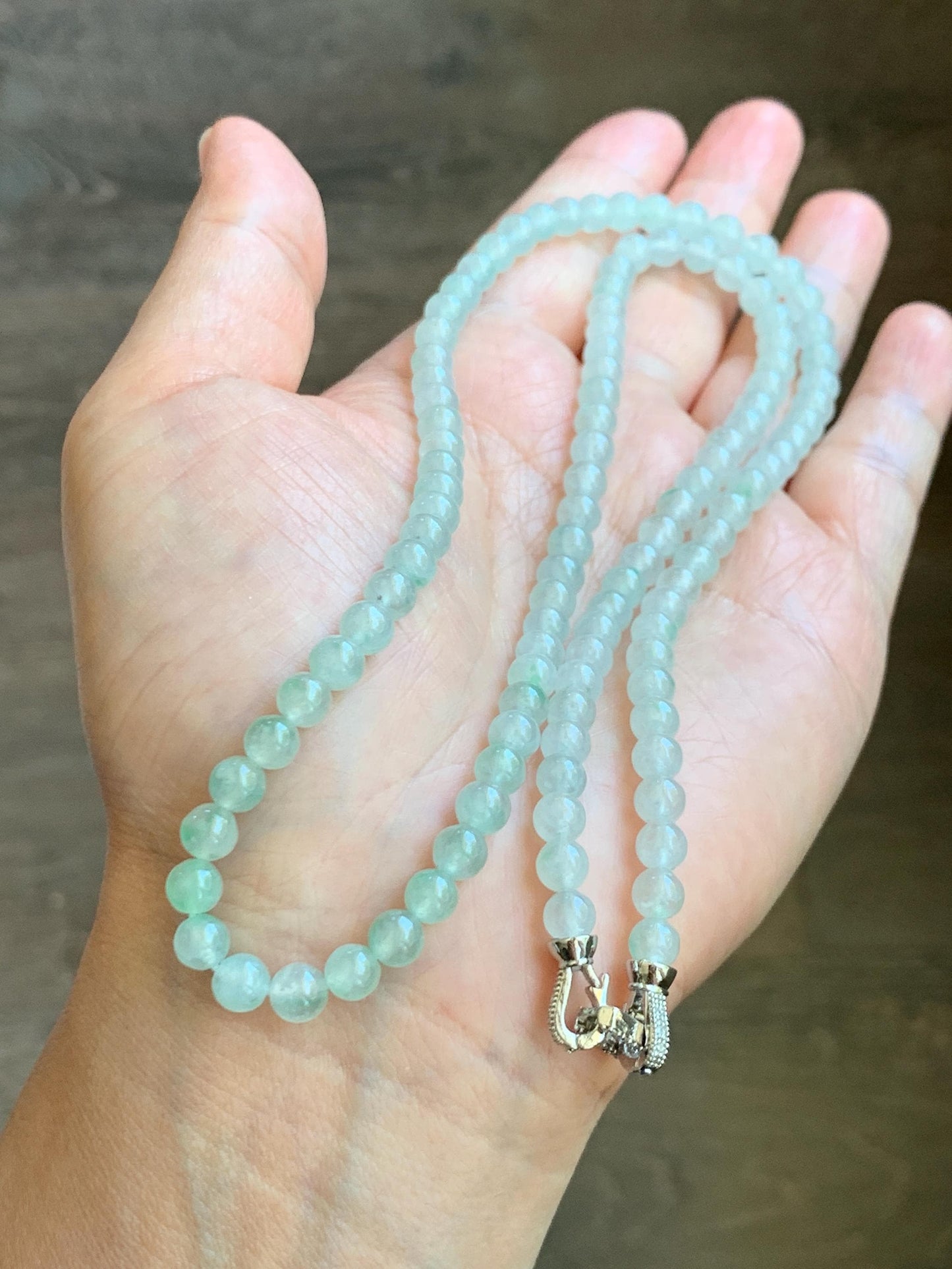 Grade A Natural Icy Highly Translucent White & Pastel Green Jade Jadeite Round Beads Beaded Necklace 5.5mm 23.5” 32g 天然冰晴底起光翡翠圆珠项链 MDQ660