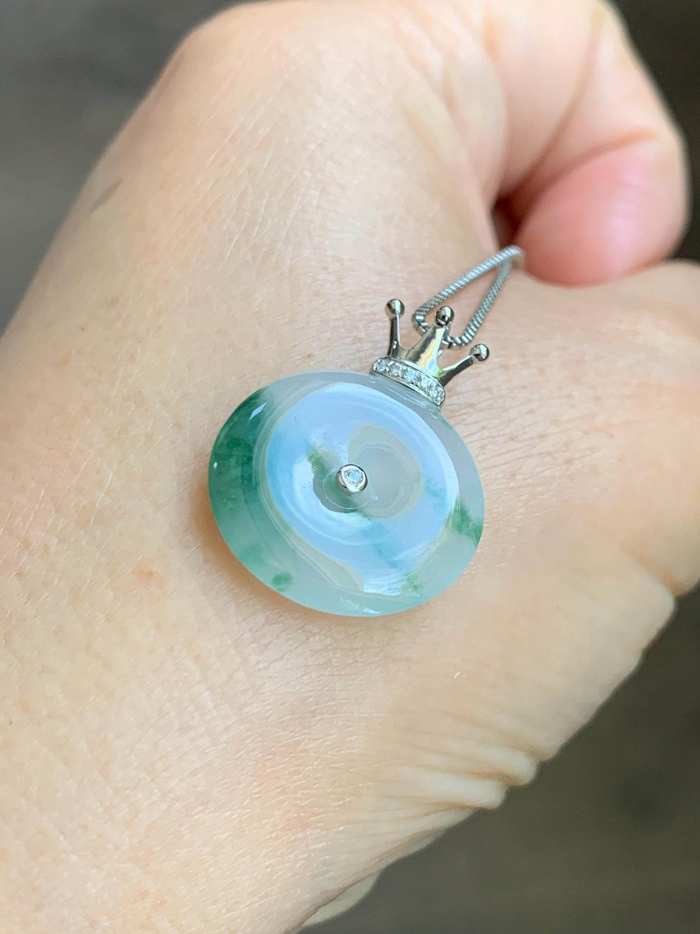 Certified Grade A Natural Icy Translucent Green Marbled Jade Jadeite Ping An Kou Donut Pendant 14K White Gold 2.68g 天然冰胶白飘花翡翠平安扣14K金镶嵌吊坠 218