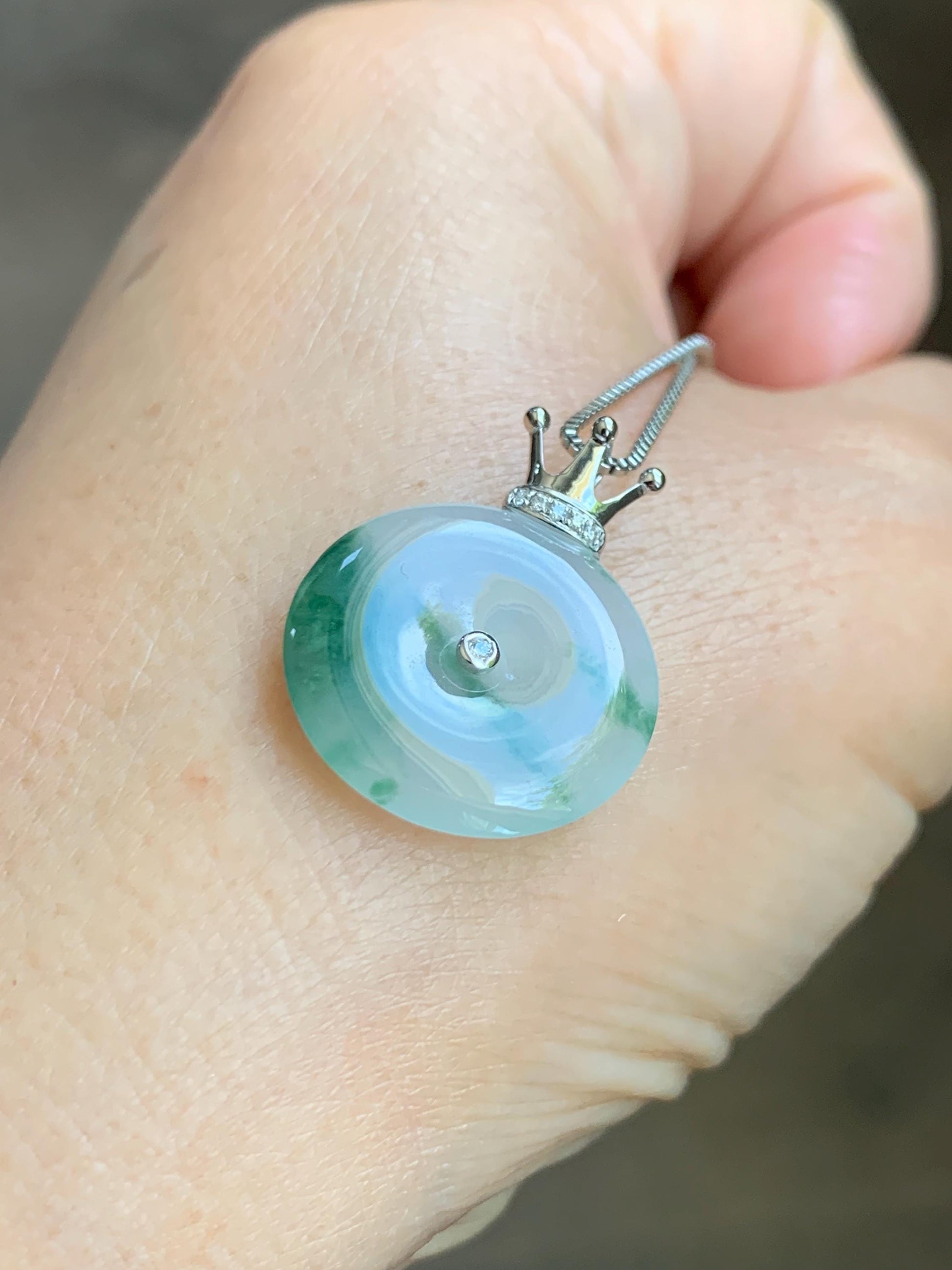 Certified Grade A Natural Icy Translucent Green Marbled Jade Jadeite Ping An Kou Donut Pendant 14K White Gold 2.68g 天然冰胶白飘花翡翠平安扣14K金镶嵌吊坠 218
