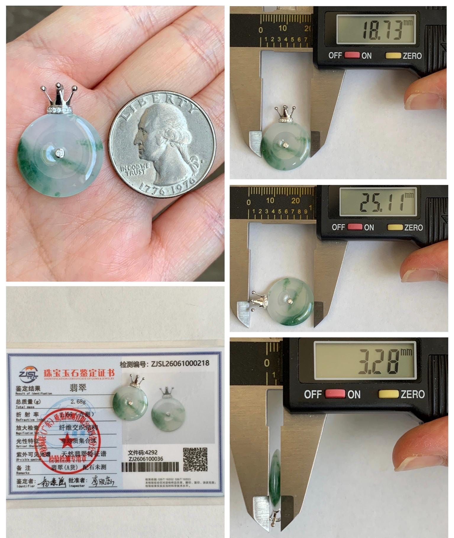 Certified Grade A Natural Icy Translucent Green Marbled Jade Jadeite Ping An Kou Donut Pendant 14K White Gold 2.68g 天然冰胶白飘花翡翠平安扣14K金镶嵌吊坠 218