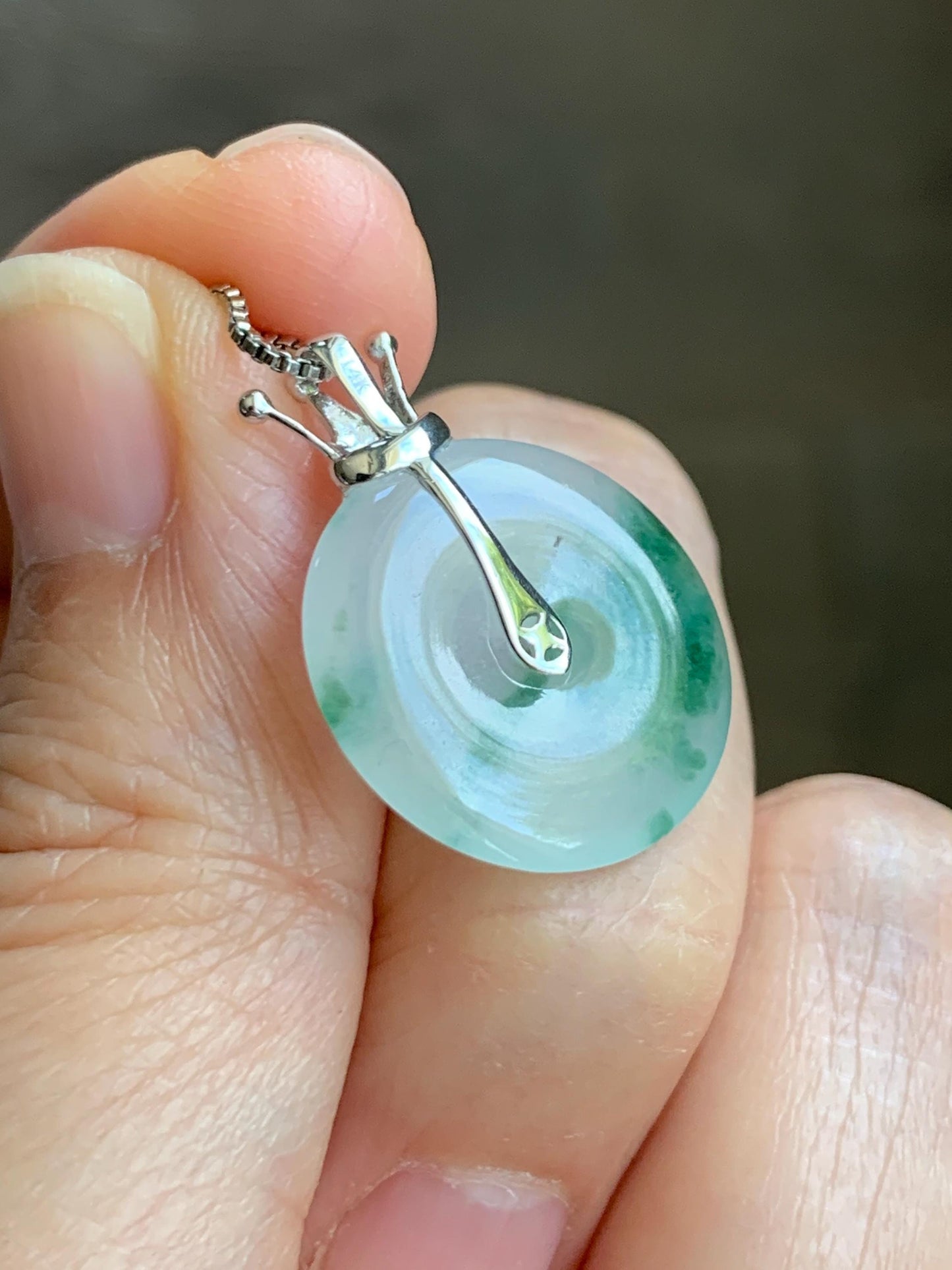 Certified Grade A Natural Icy Translucent Green Marbled Jade Jadeite Ping An Kou Donut Pendant 14K White Gold 2.68g 天然冰胶白飘花翡翠平安扣14K金镶嵌吊坠 218