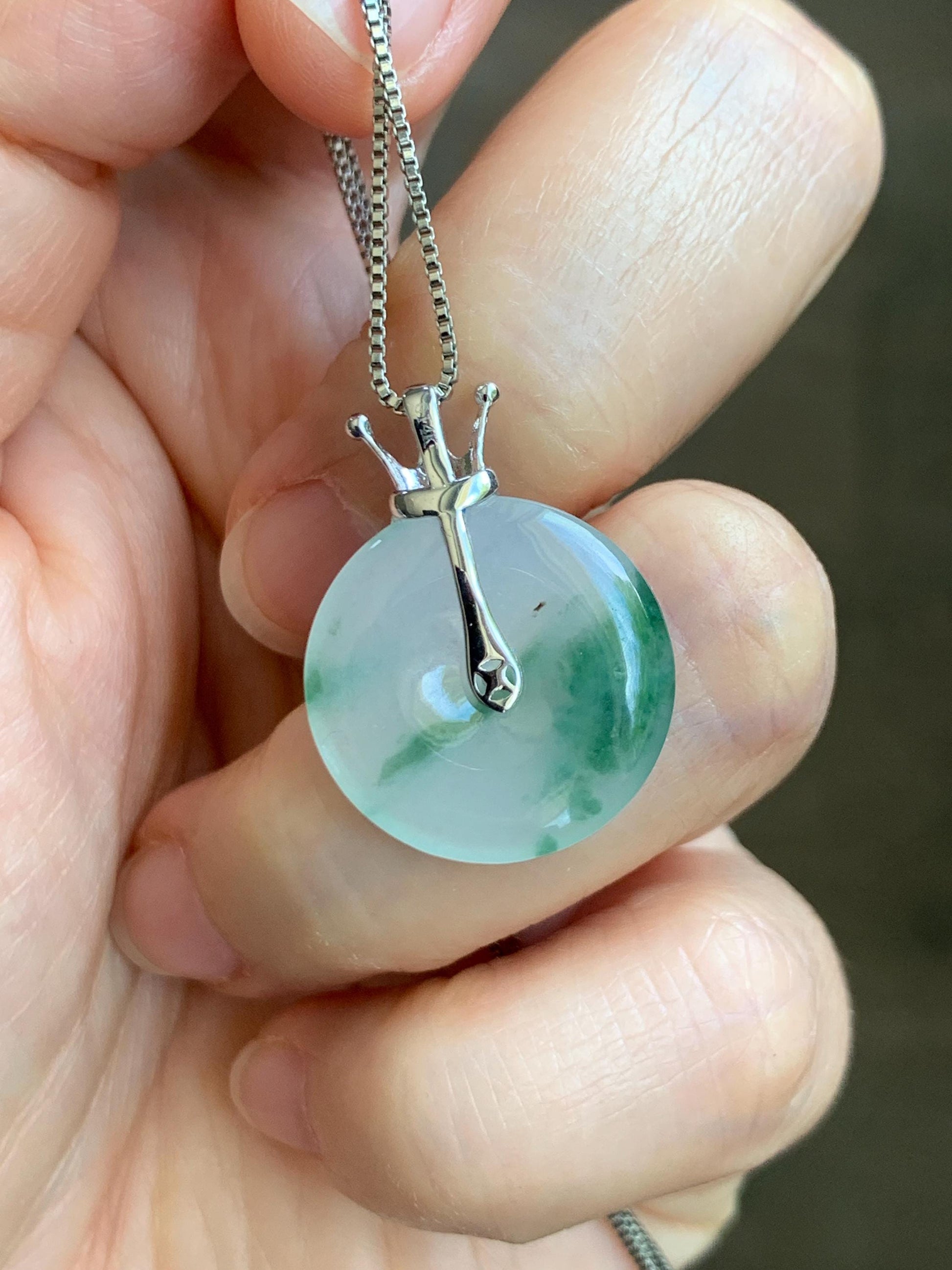Certified Grade A Natural Icy Translucent Green Marbled Jade Jadeite Ping An Kou Donut Pendant 14K White Gold 2.68g 天然冰胶白飘花翡翠平安扣14K金镶嵌吊坠 218