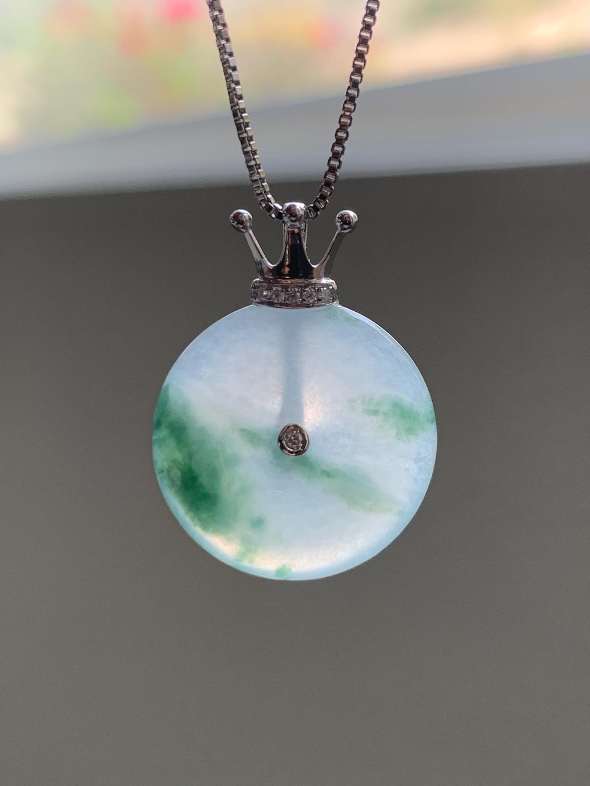 Certified Grade A Natural Icy Translucent Green Marbled Jade Jadeite Ping An Kou Donut Pendant 14K White Gold 2.68g 天然冰胶白飘花翡翠平安扣14K金镶嵌吊坠 218