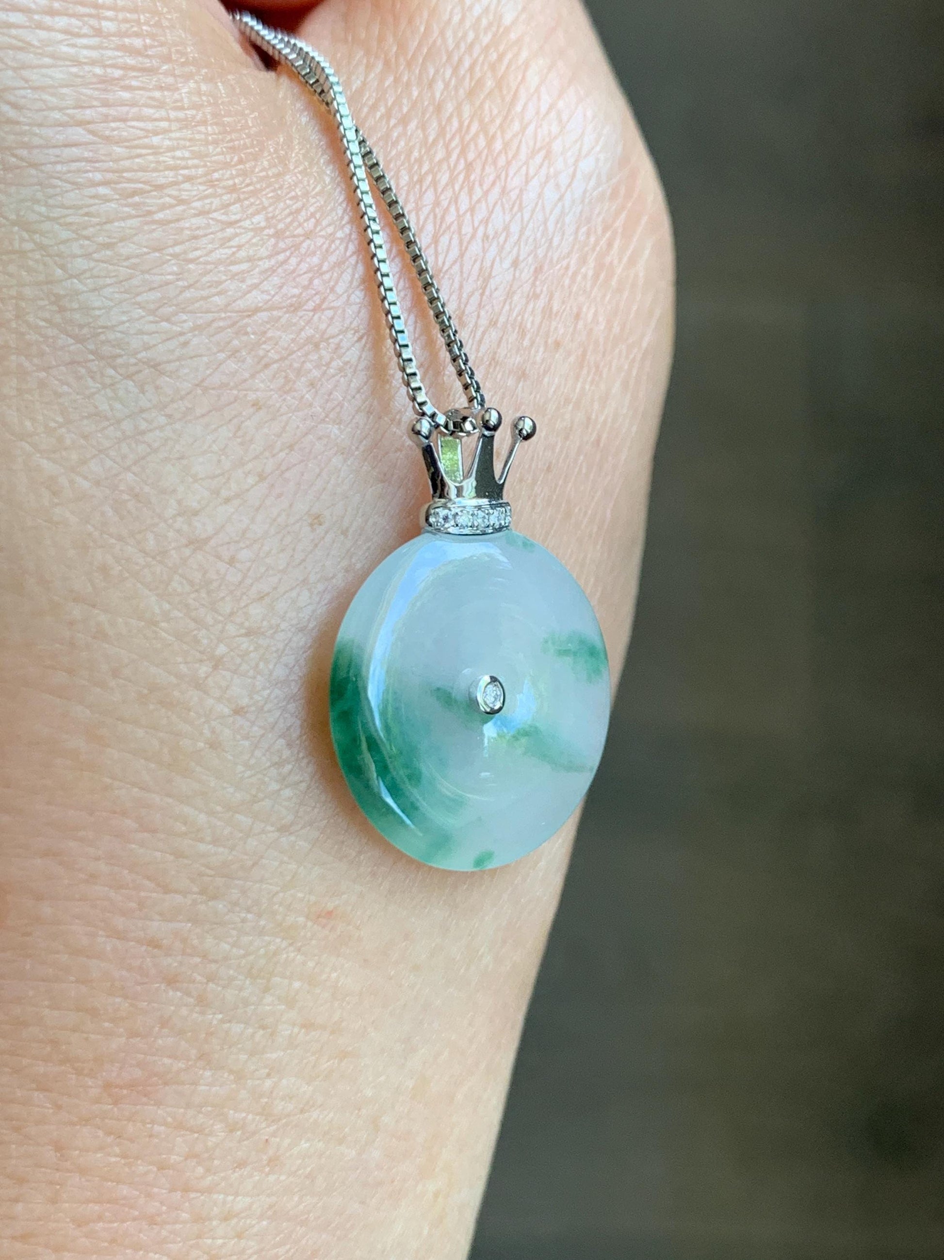 Certified Grade A Natural Icy Translucent Green Marbled Jade Jadeite Ping An Kou Donut Pendant 14K White Gold 2.68g 天然冰胶白飘花翡翠平安扣14K金镶嵌吊坠 218