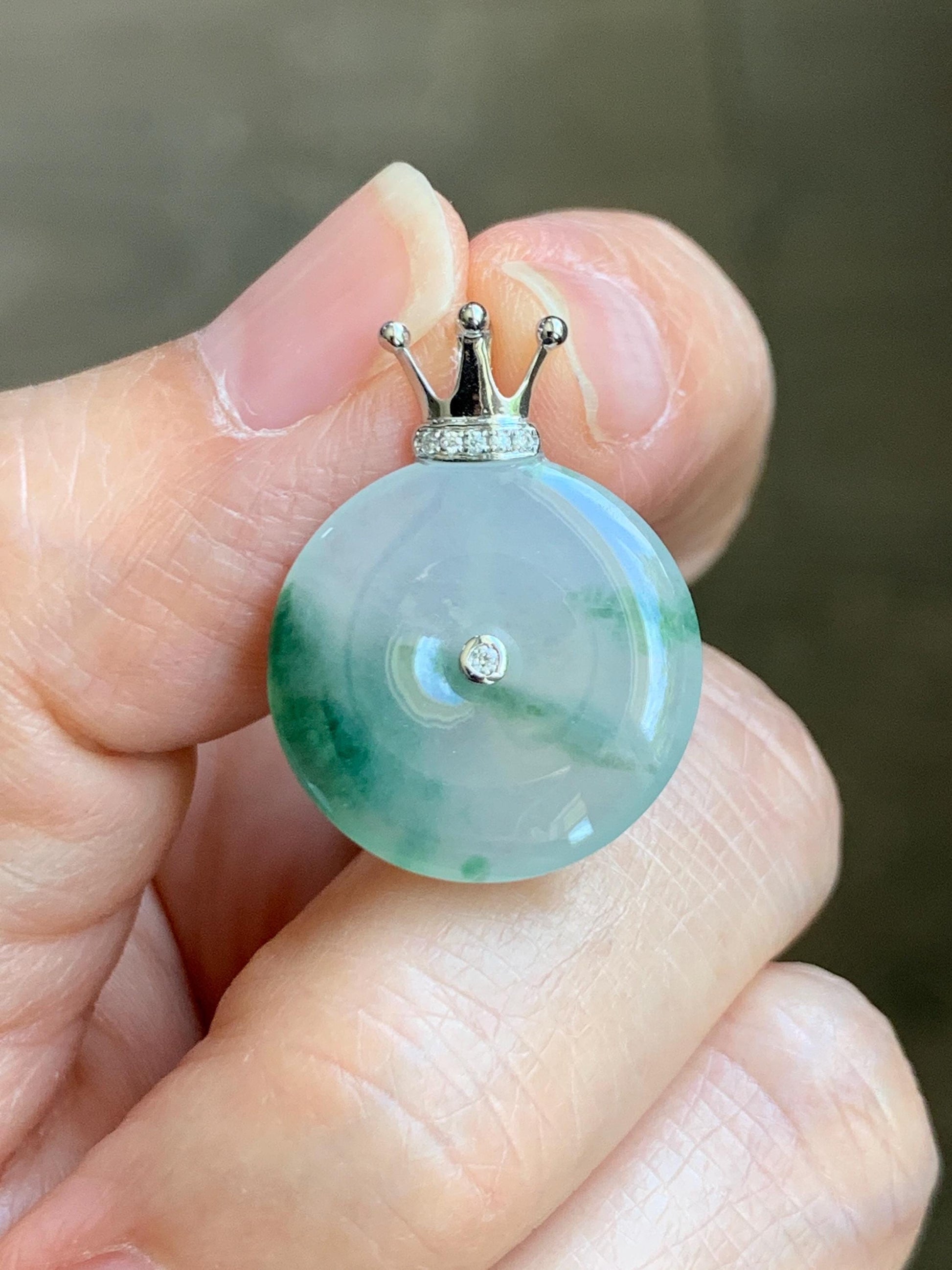 Certified Grade A Natural Icy Translucent Green Marbled Jade Jadeite Ping An Kou Donut Pendant 14K White Gold 2.68g 天然冰胶白飘花翡翠平安扣14K金镶嵌吊坠 218