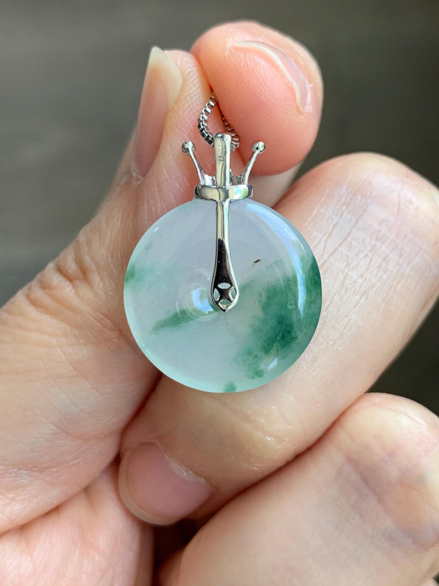 Certified Grade A Natural Icy Translucent Green Marbled Jade Jadeite Ping An Kou Donut Pendant 14K White Gold 2.68g 天然冰胶白飘花翡翠平安扣14K金镶嵌吊坠 218