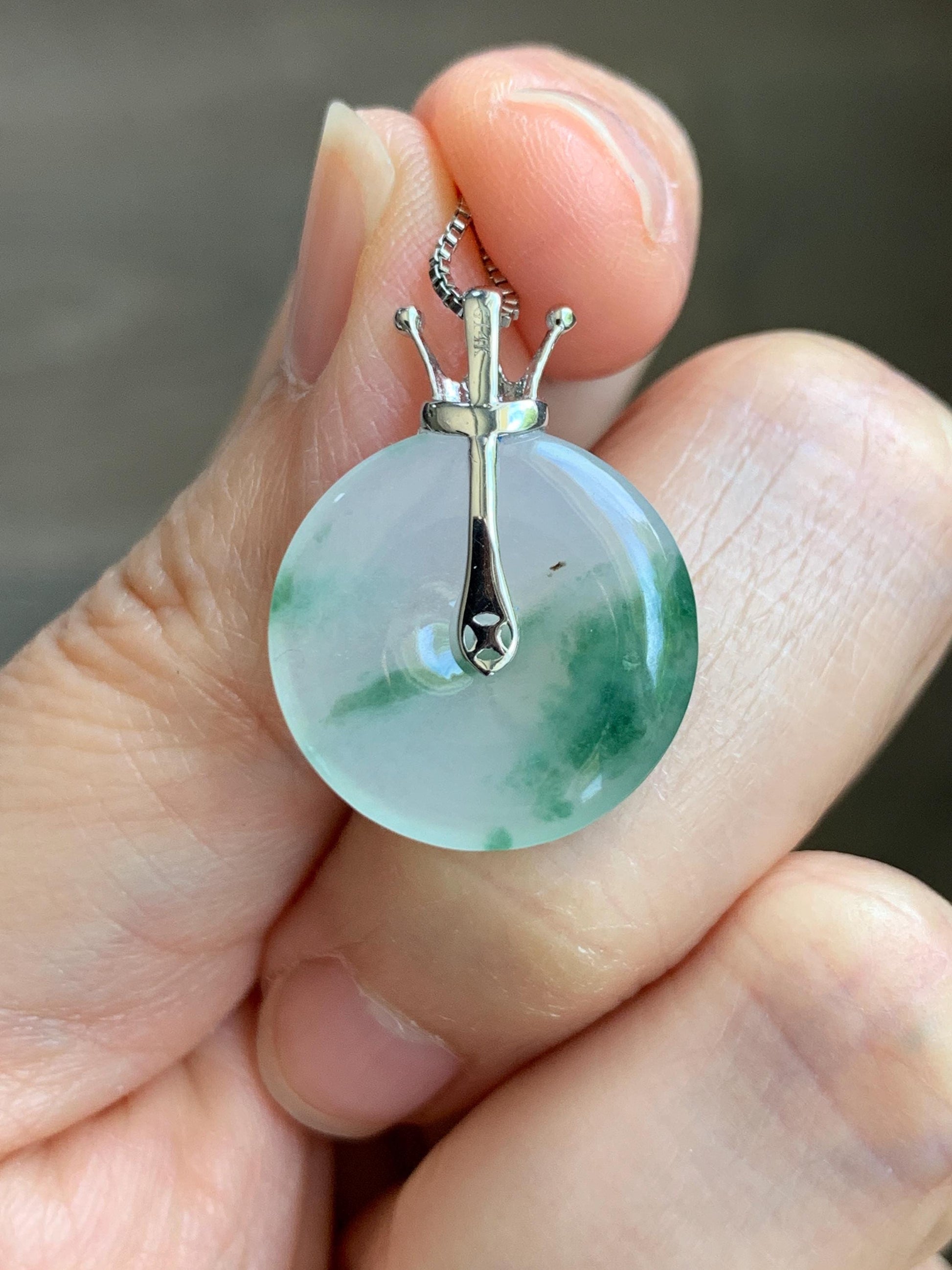 Certified Grade A Natural Icy Translucent Green Marbled Jade Jadeite Ping An Kou Donut Pendant 14K White Gold 2.68g 天然冰胶白飘花翡翠平安扣14K金镶嵌吊坠 218
