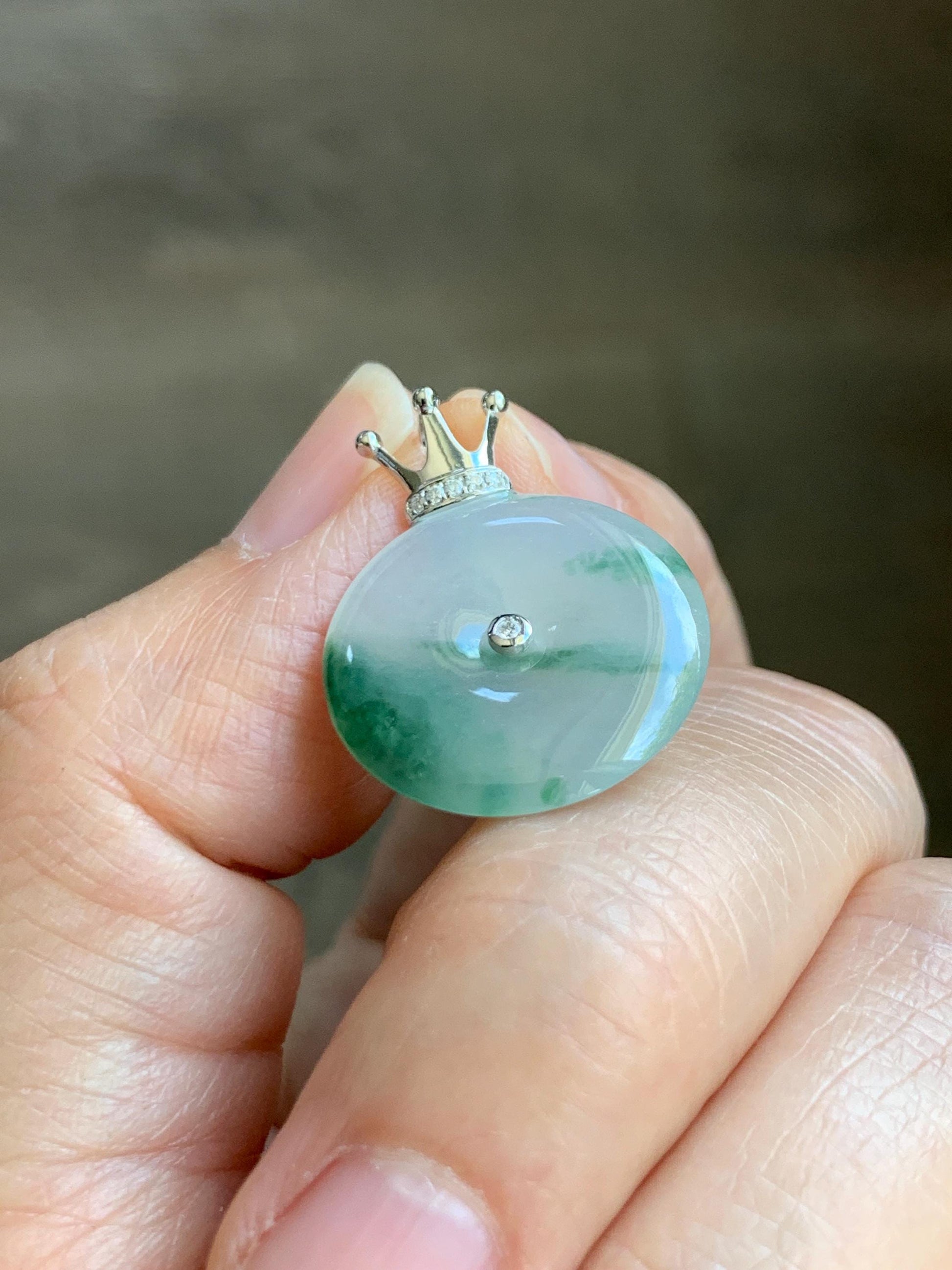 Certified Grade A Natural Icy Translucent Green Marbled Jade Jadeite Ping An Kou Donut Pendant 14K White Gold 2.68g 天然冰胶白飘花翡翠平安扣14K金镶嵌吊坠 218