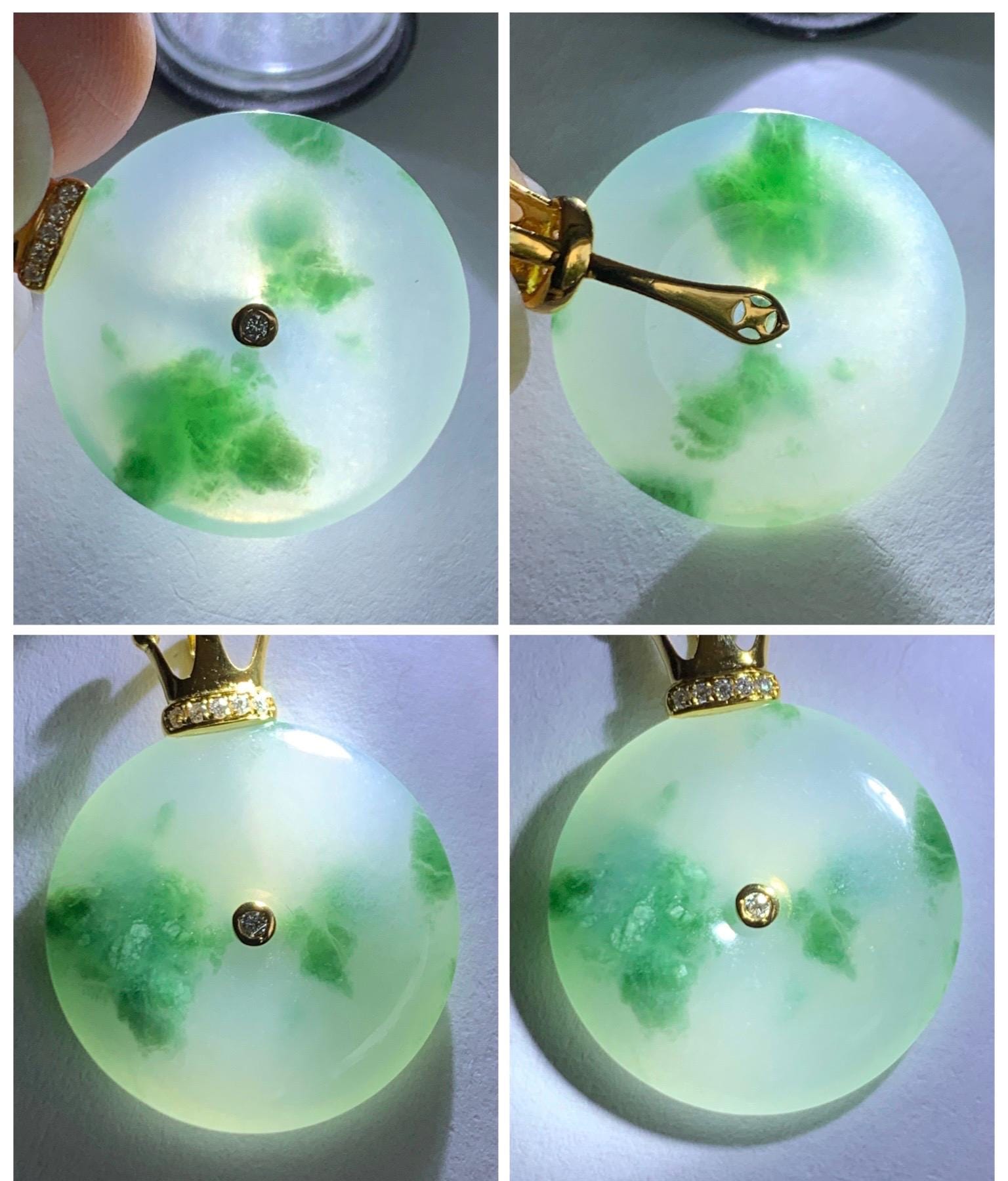 Certified Grade A Natural Icy Translucent Green Marbled Jade Jadeite Ping An Kou Donut Pendant 14K Yellow Gold 3g 天然冰胶白飘花翡翠平安扣14K金镶嵌吊坠 217