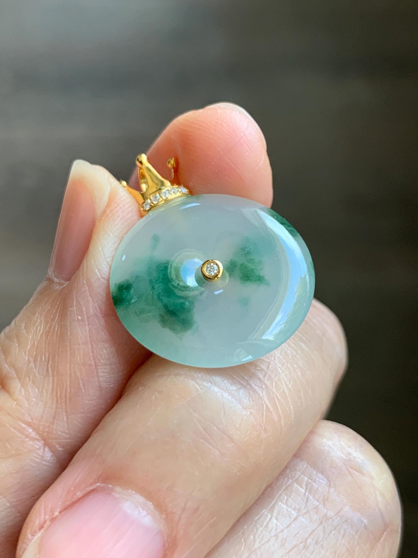 Certified Grade A Natural Icy Translucent Green Marbled Jade Jadeite Ping An Kou Donut Pendant 14K Yellow Gold 3g 天然冰胶白飘花翡翠平安扣14K金镶嵌吊坠 217