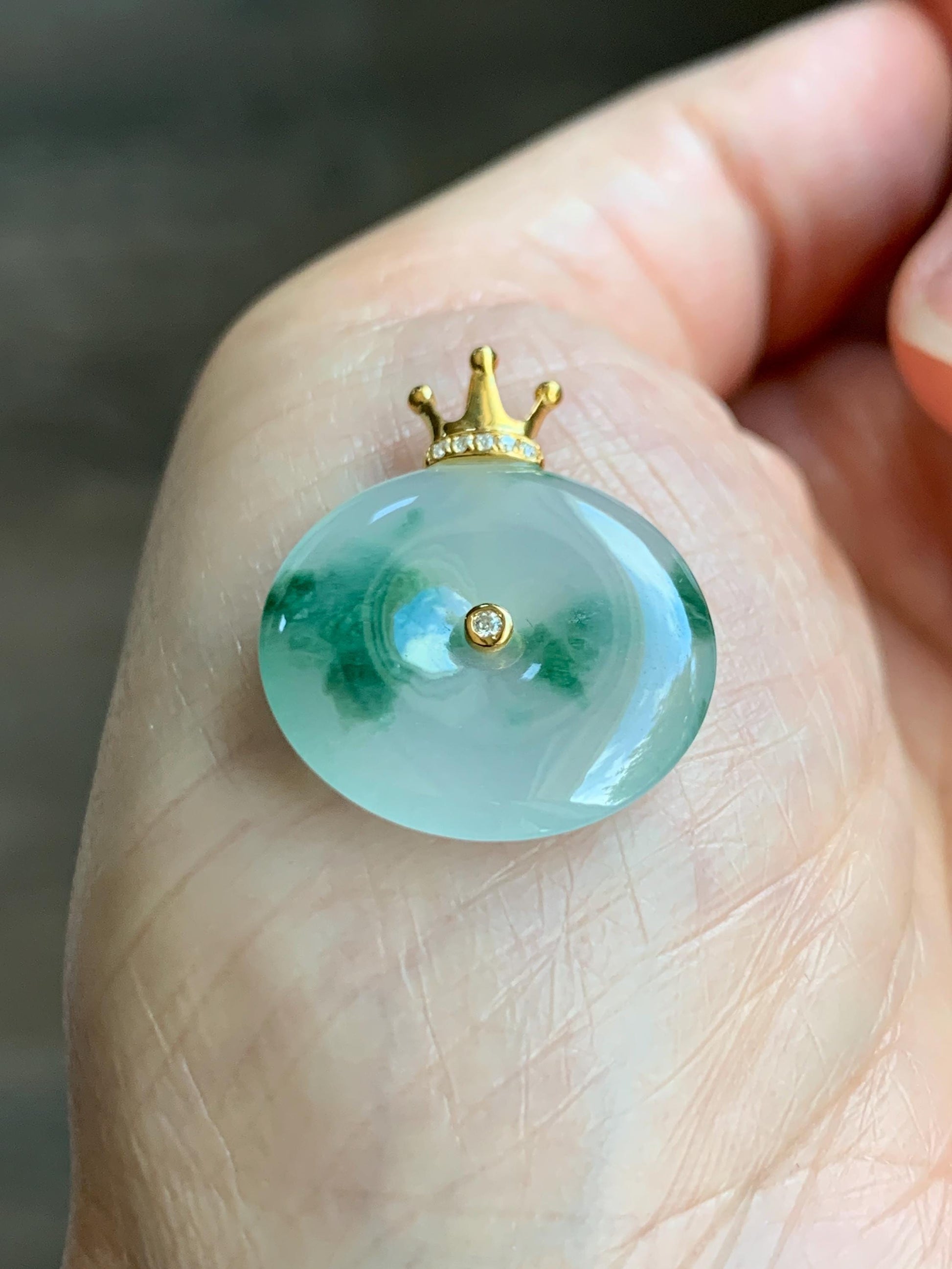 Certified Grade A Natural Icy Translucent Green Marbled Jade Jadeite Ping An Kou Donut Pendant 14K Yellow Gold 3g 天然冰胶白飘花翡翠平安扣14K金镶嵌吊坠 217