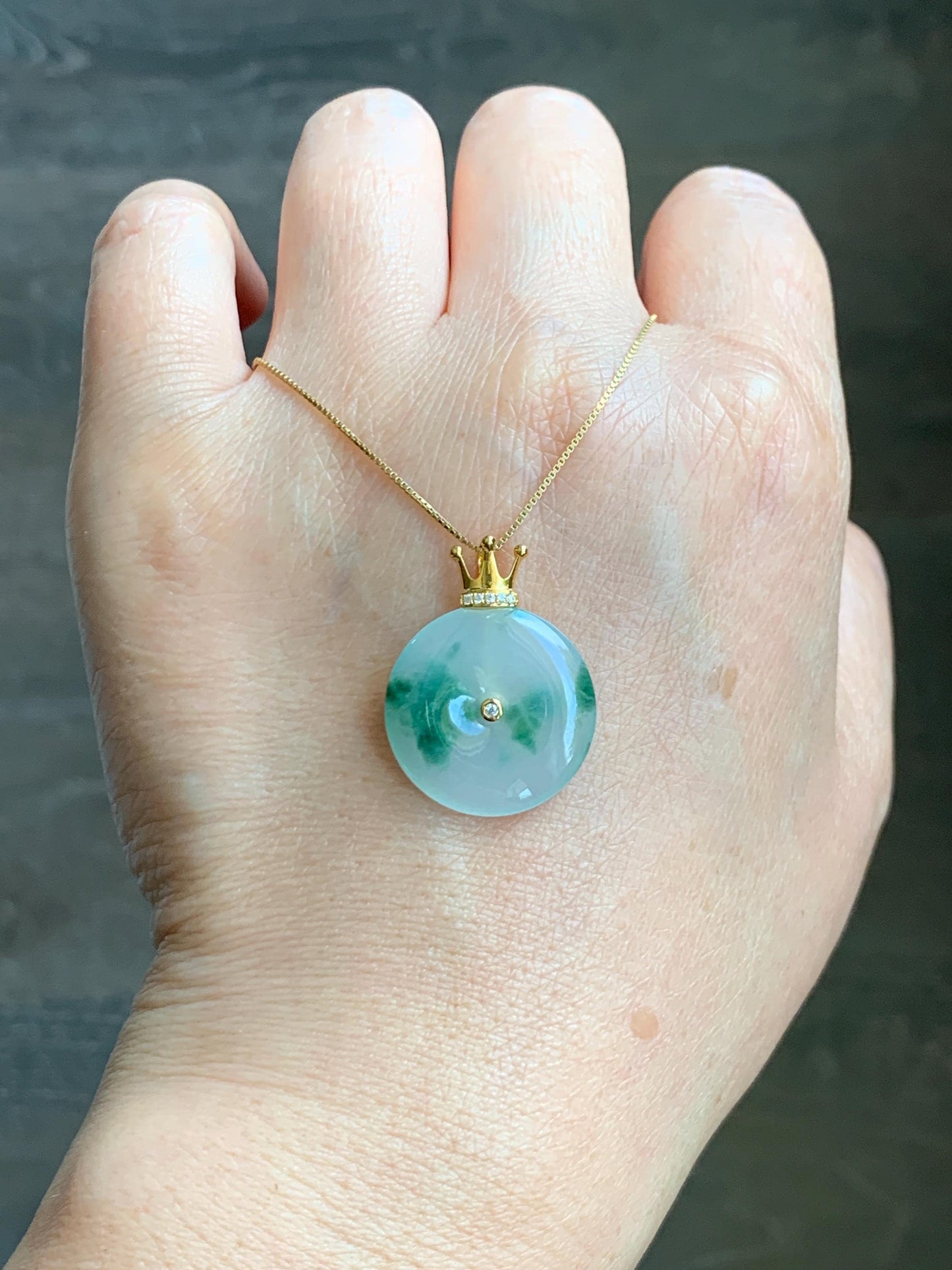 Certified Grade A Natural Icy Translucent Green Marbled Jade Jadeite Ping An Kou Donut Pendant 14K Yellow Gold 3g 天然冰胶白飘花翡翠平安扣14K金镶嵌吊坠 217