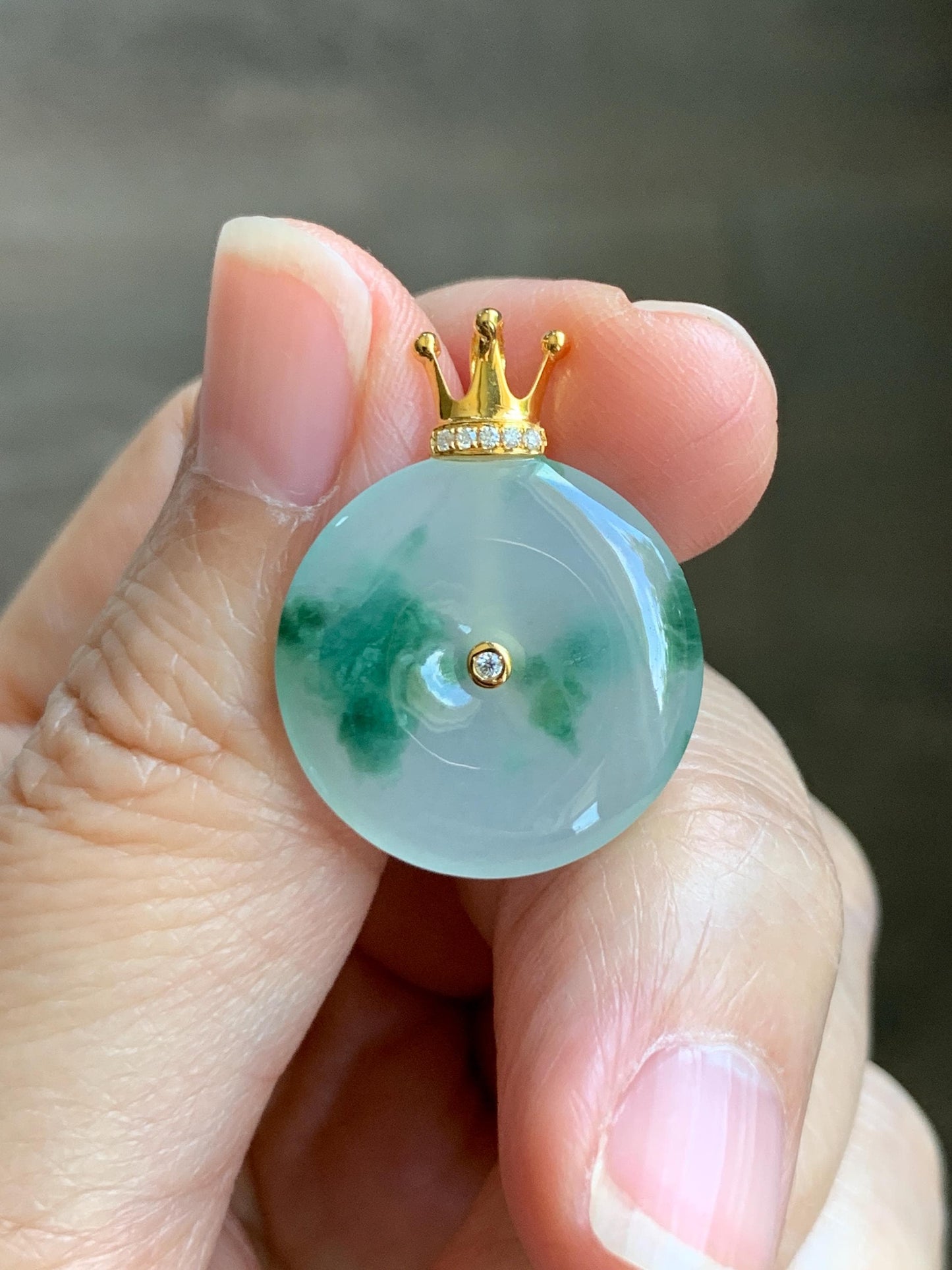 Certified Grade A Natural Icy Translucent Green Marbled Jade Jadeite Ping An Kou Donut Pendant 14K Yellow Gold 3g 天然冰胶白飘花翡翠平安扣14K金镶嵌吊坠 217