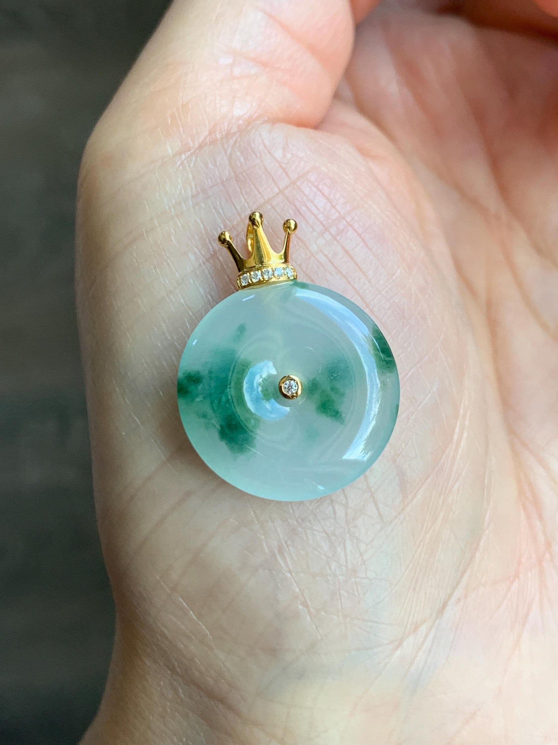 Certified Grade A Natural Icy Translucent Green Marbled Jade Jadeite Ping An Kou Donut Pendant 14K Yellow Gold 3g 天然冰胶白飘花翡翠平安扣14K金镶嵌吊坠 217