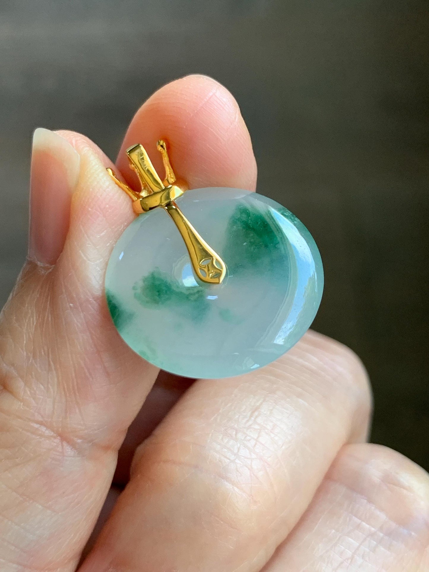 Certified Grade A Natural Icy Translucent Green Marbled Jade Jadeite Ping An Kou Donut Pendant 14K Yellow Gold 3g 天然冰胶白飘花翡翠平安扣14K金镶嵌吊坠 217