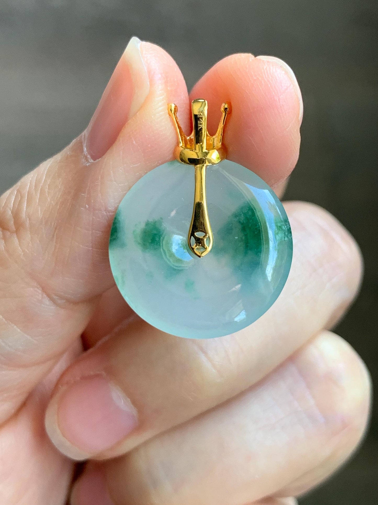 Certified Grade A Natural Icy Translucent Green Marbled Jade Jadeite Ping An Kou Donut Pendant 14K Yellow Gold 3g 天然冰胶白飘花翡翠平安扣14K金镶嵌吊坠 217