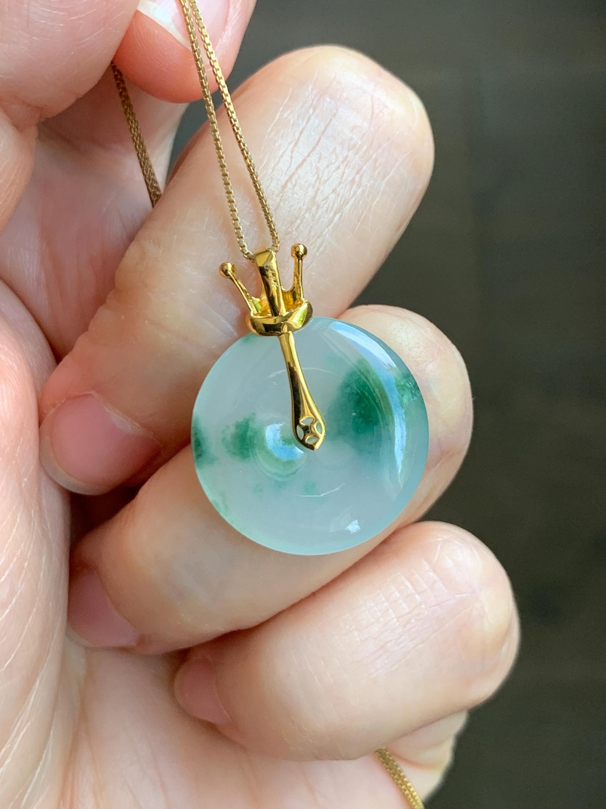 Certified Grade A Natural Icy Translucent Green Marbled Jade Jadeite Ping An Kou Donut Pendant 14K Yellow Gold 3g 天然冰胶白飘花翡翠平安扣14K金镶嵌吊坠 217