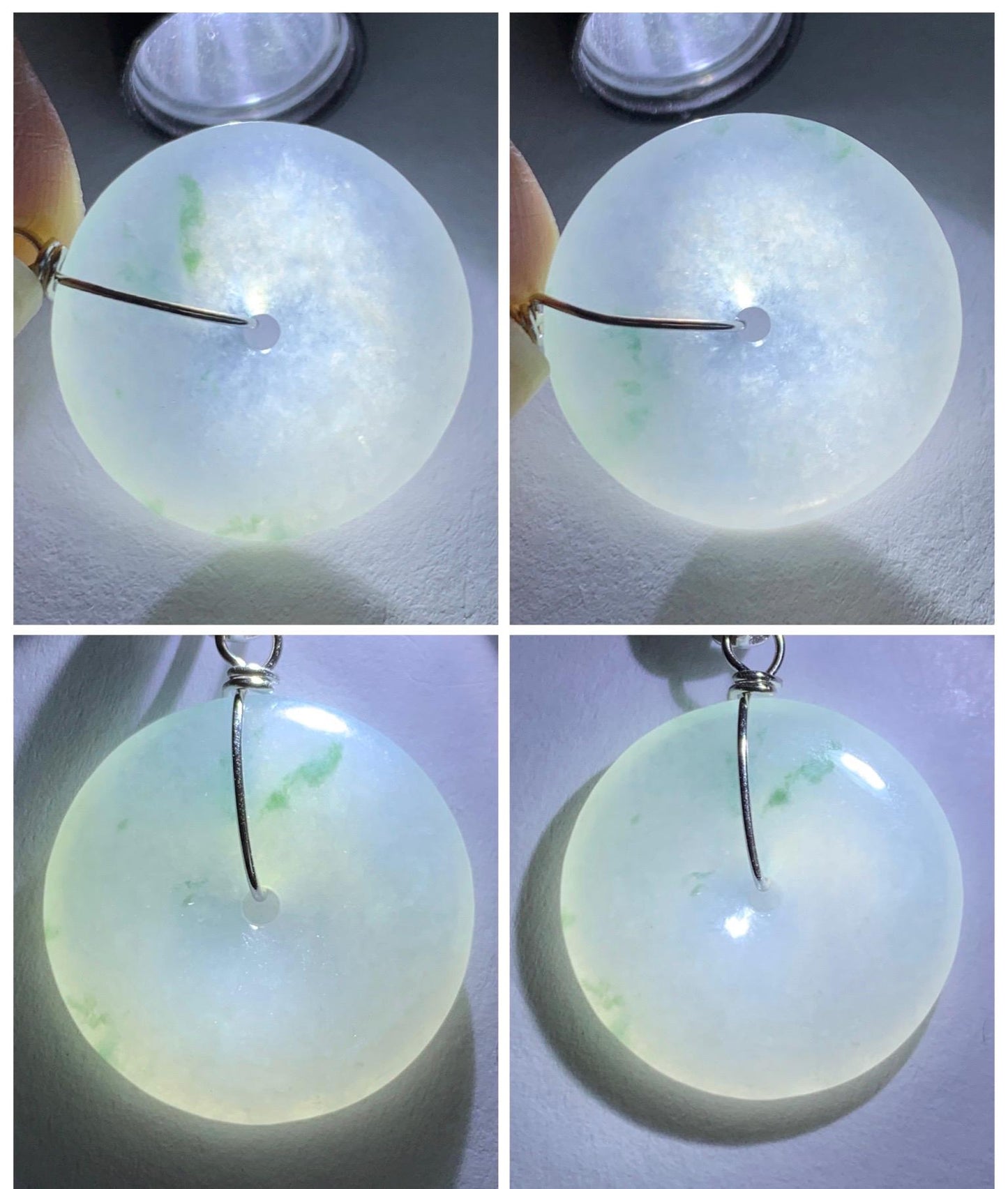 Certified Grade A Natural Icy Translucent White & Green Marbled Jade Jadeite Ping An Kou Donut Pendant Sterling Silver 6g 天然冰胶白飘花翡翠平安扣吊坠 256