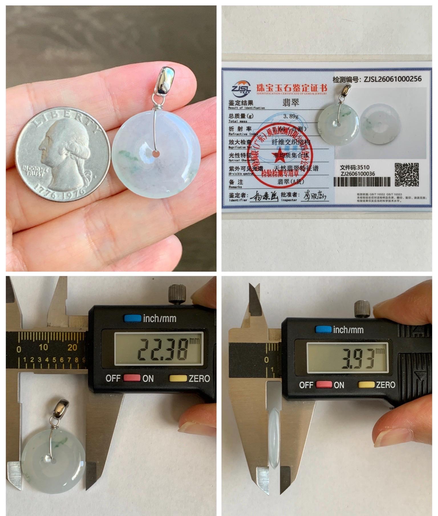 Certified Grade A Natural Icy Translucent White & Green Marbled Jade Jadeite Ping An Kou Donut Pendant Sterling Silver 6g 天然冰胶白飘花翡翠平安扣吊坠 256