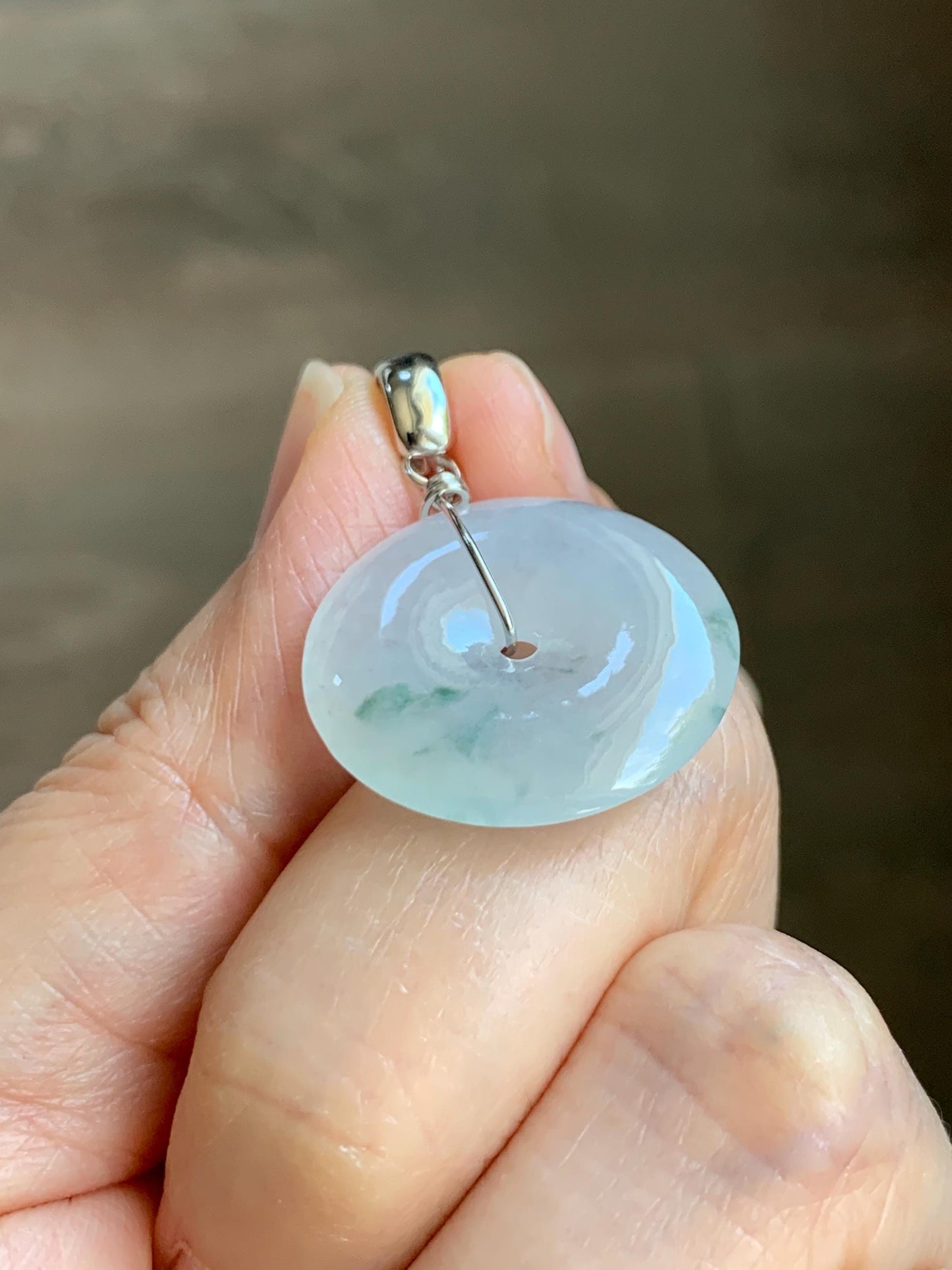 Certified Grade A Natural Icy Translucent White & Green Marbled Jade Jadeite Ping An Kou Donut Pendant Sterling Silver 6g 天然冰胶白飘花翡翠平安扣吊坠 256