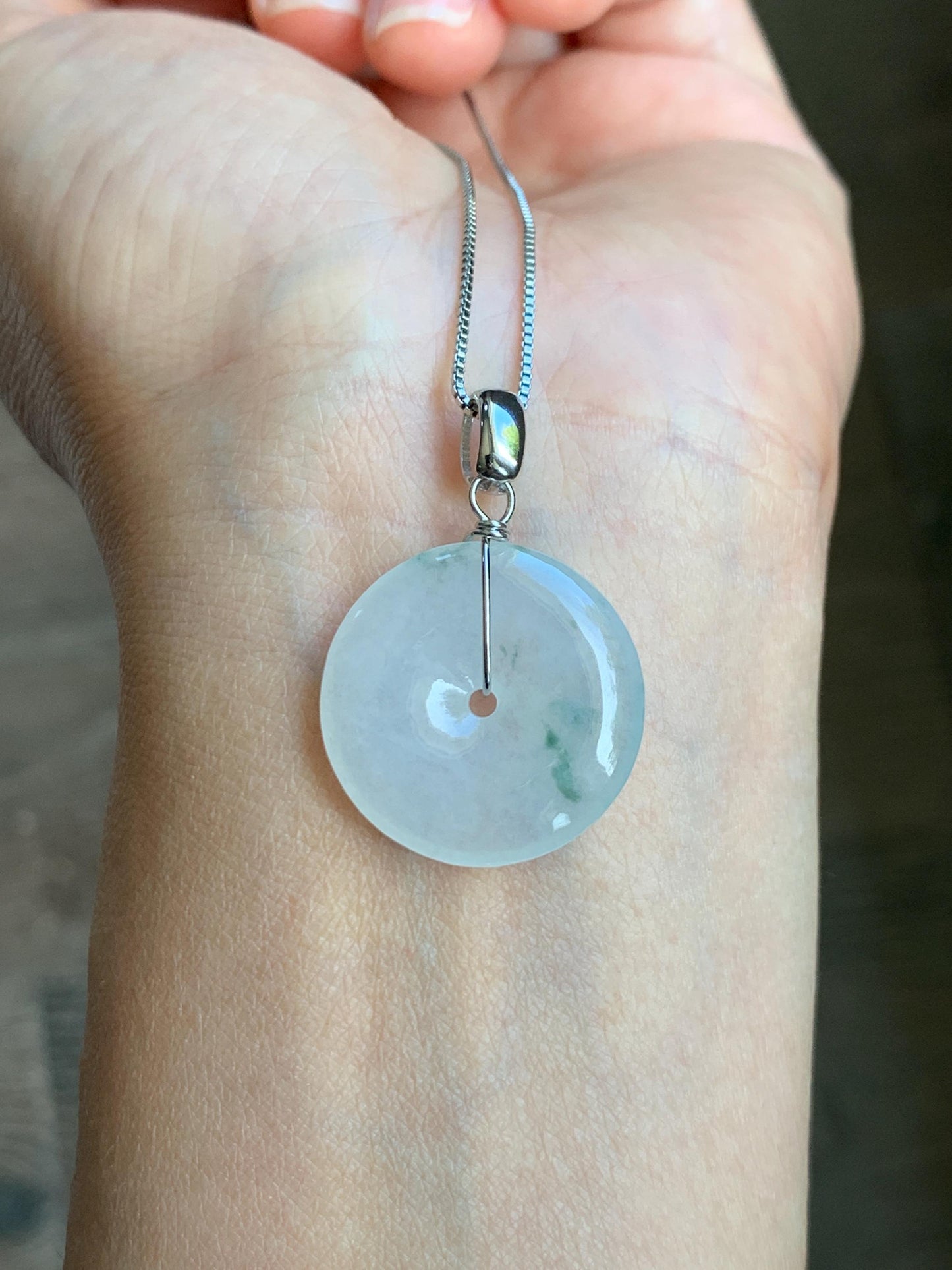 Certified Grade A Natural Icy Translucent White & Green Marbled Jade Jadeite Ping An Kou Donut Pendant Sterling Silver 6g 天然冰胶白飘花翡翠平安扣吊坠 256