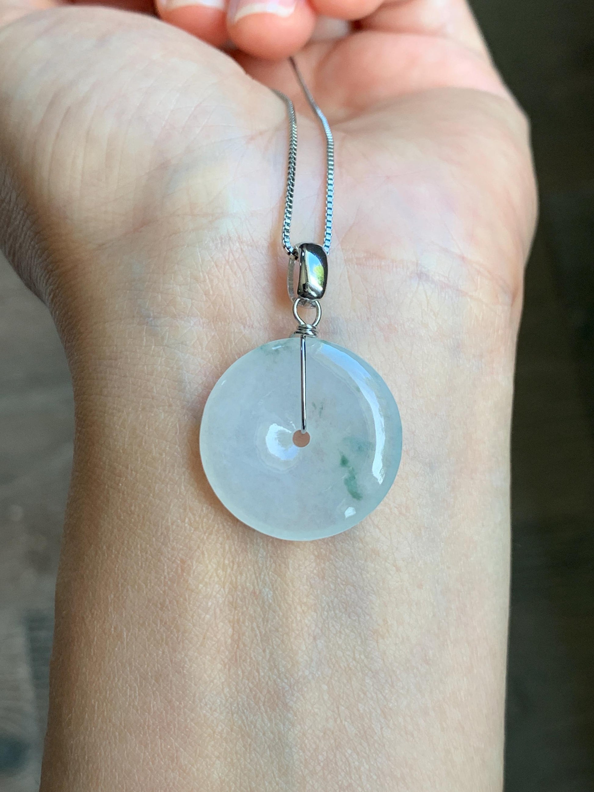 Certified Grade A Natural Icy Translucent White & Green Marbled Jade Jadeite Ping An Kou Donut Pendant Sterling Silver 6g 天然冰胶白飘花翡翠平安扣吊坠 256