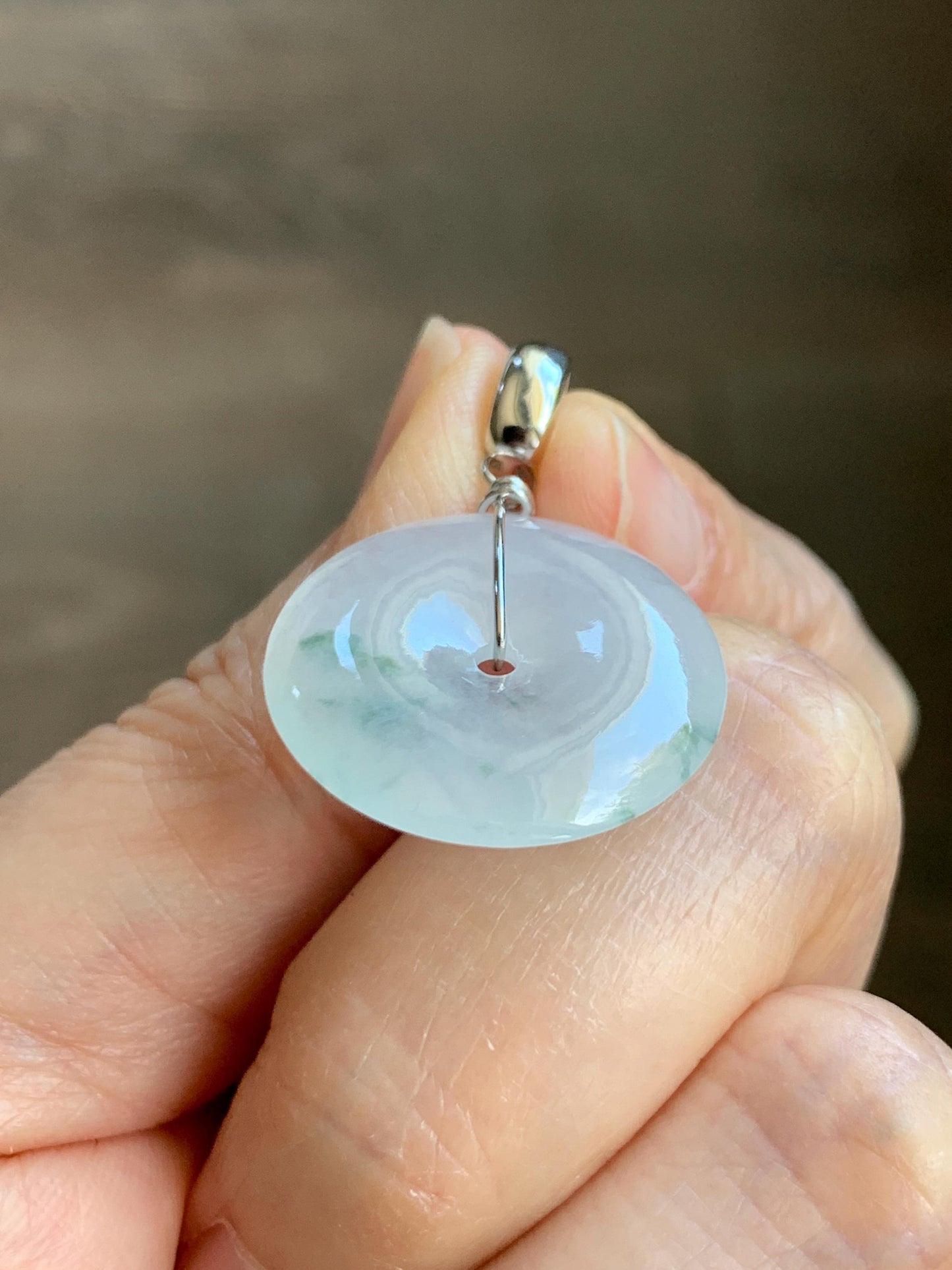 Certified Grade A Natural Icy Translucent White & Green Marbled Jade Jadeite Ping An Kou Donut Pendant Sterling Silver 6g 天然冰胶白飘花翡翠平安扣吊坠 256