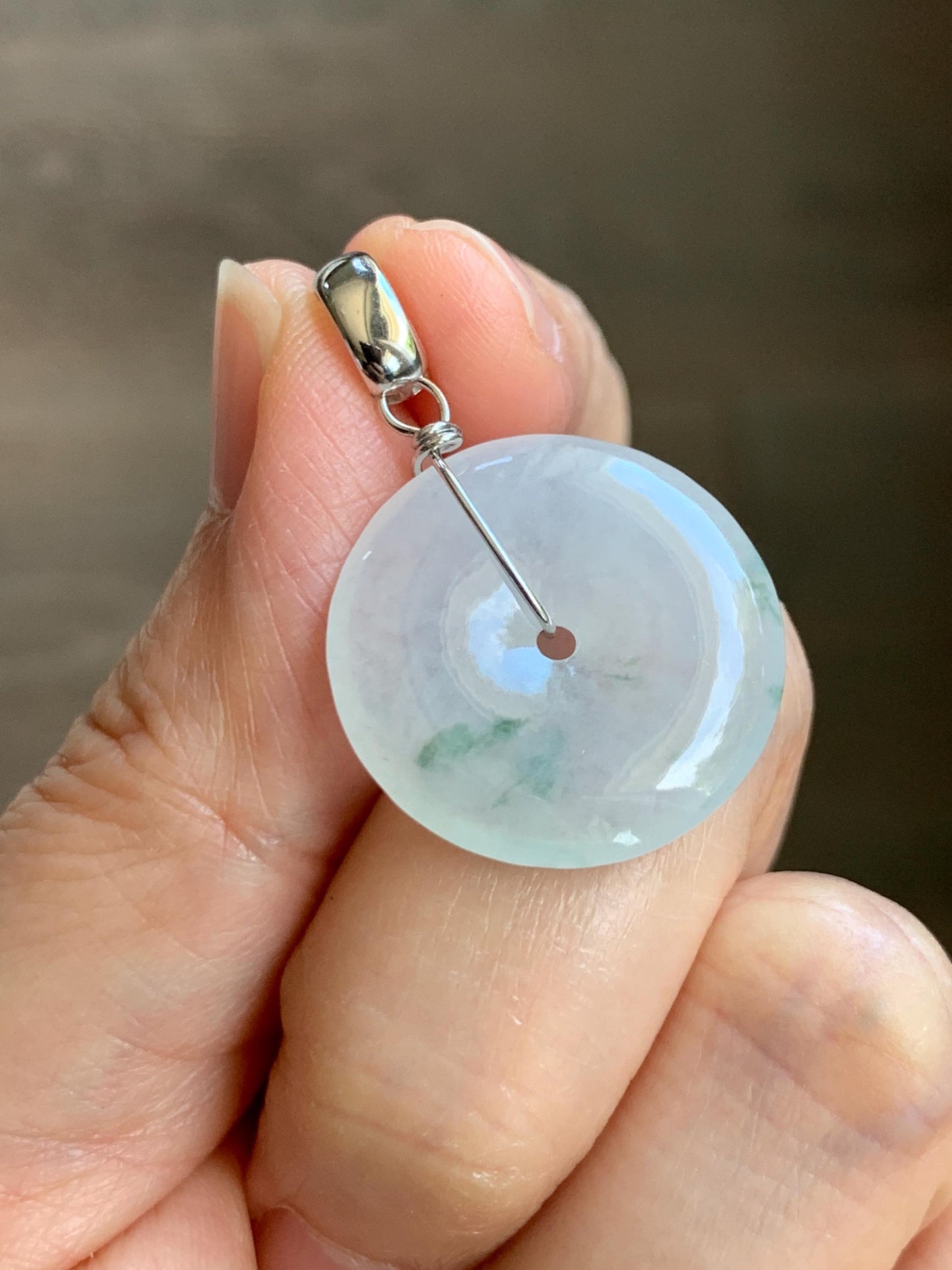 Certified Grade A Natural Icy Translucent White & Green Marbled Jade Jadeite Ping An Kou Donut Pendant Sterling Silver 6g 天然冰胶白飘花翡翠平安扣吊坠 256