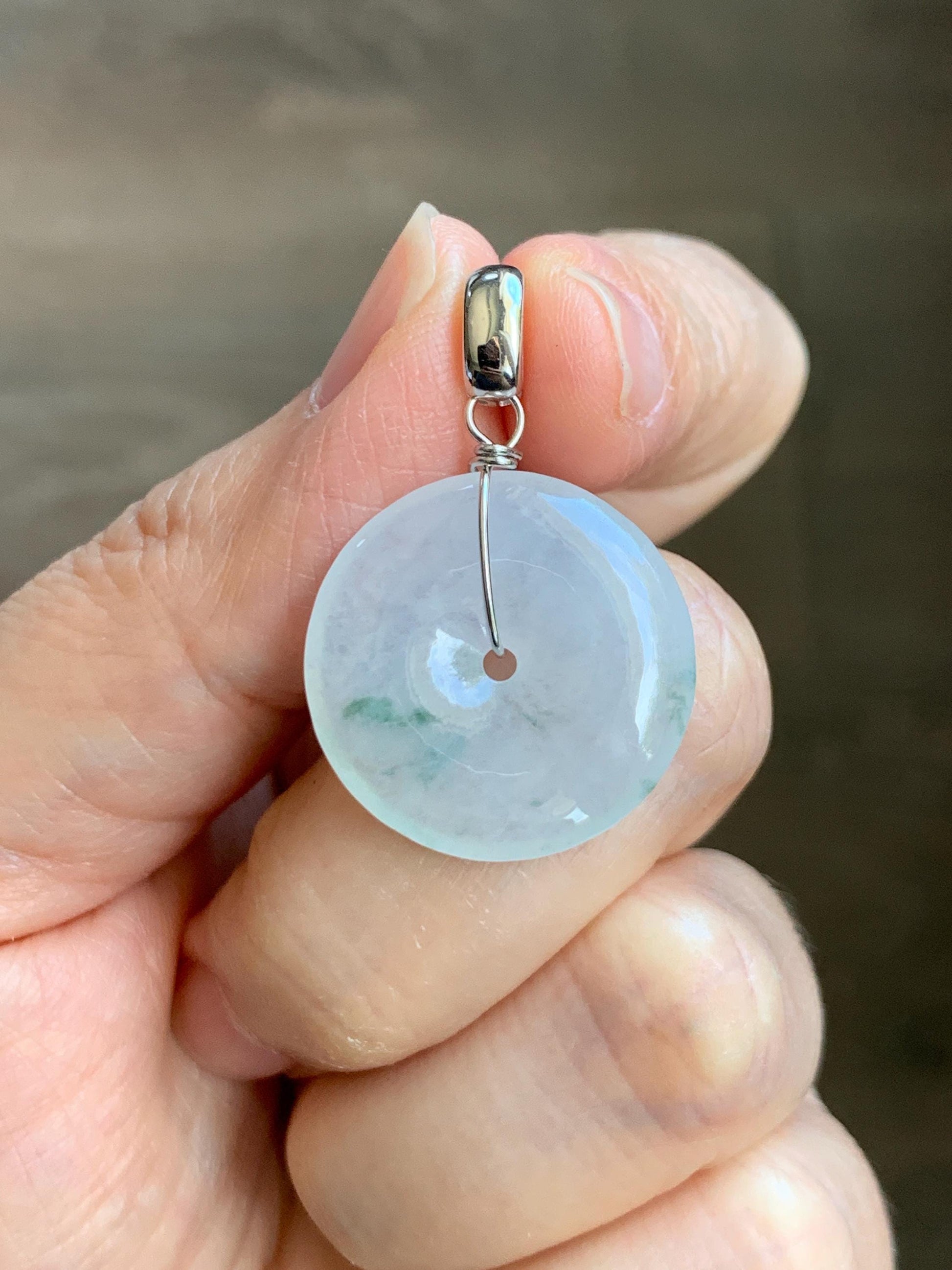 Certified Grade A Natural Icy Translucent White & Green Marbled Jade Jadeite Ping An Kou Donut Pendant Sterling Silver 6g 天然冰胶白飘花翡翠平安扣吊坠 256